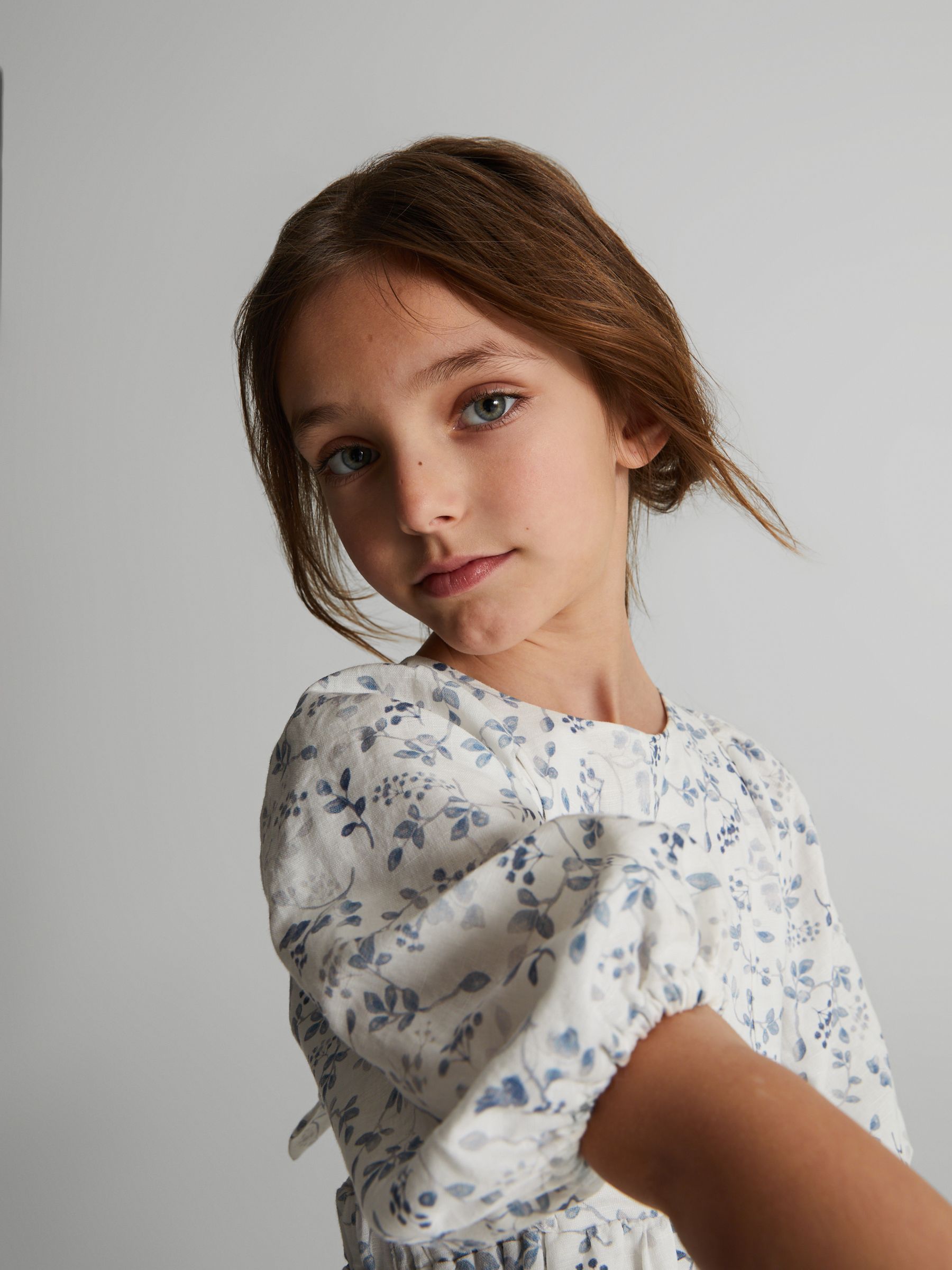 Puff Sleeve Cut Out Back Midi Dress in Blue Print - Image 3 of 6