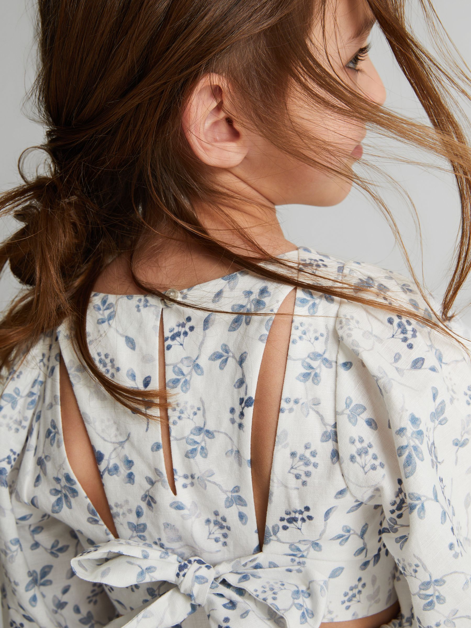 Puff Sleeve Cut Out Back Midi Dress in Blue Print - Image 4 of 6