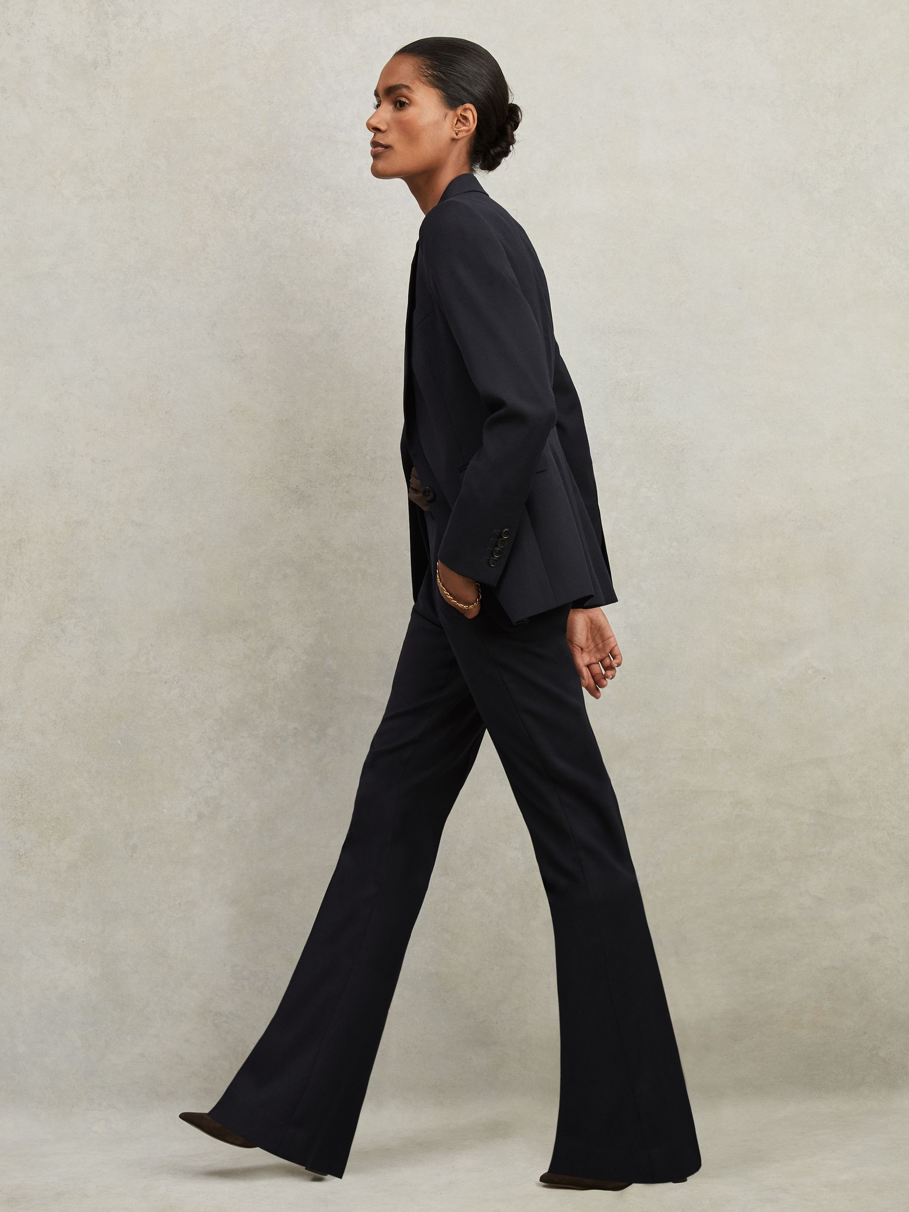 Wool-Blend Tailored Flared Suit Trousers in Navy - Image 1 of 6