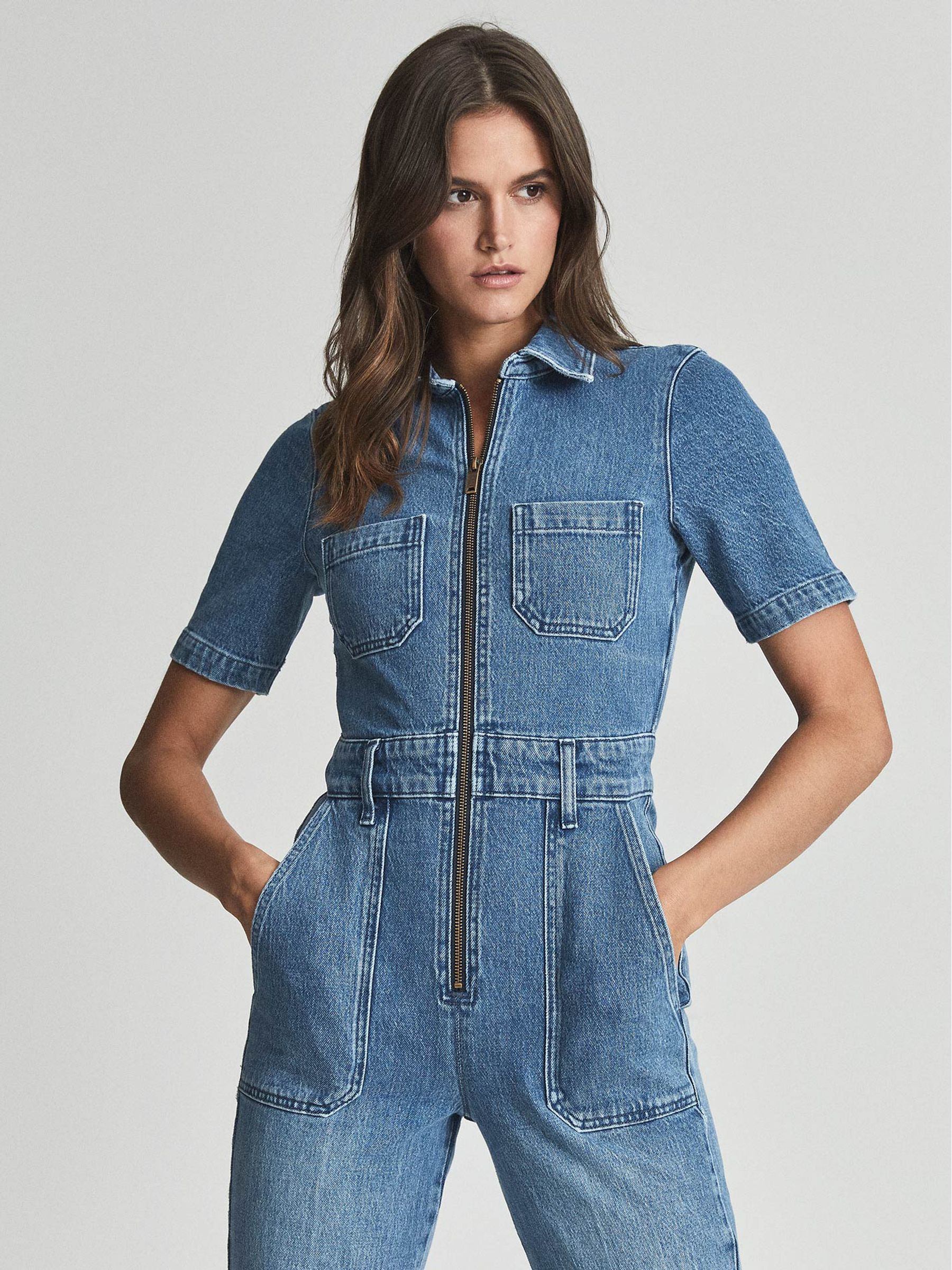 Petite Denim Jumpsuit in Blue - Image 1 of 7 Petite Denim Jumpsuit in Blue - Image 1 of 7