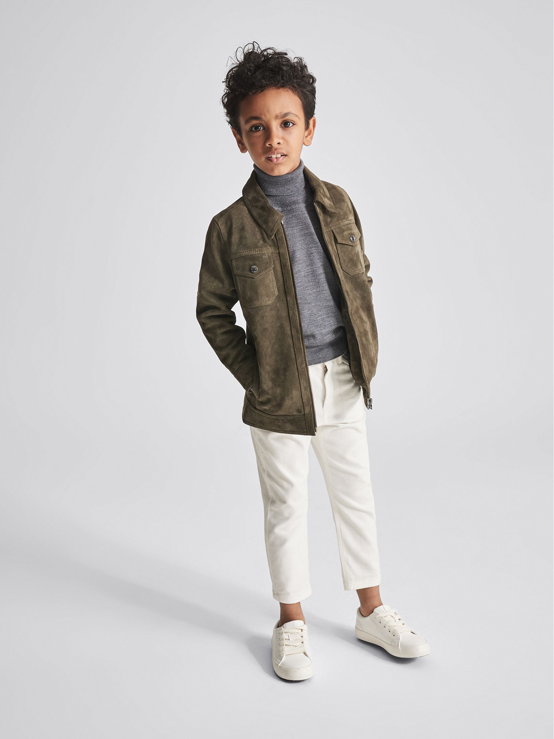 Reiss Suede Zip Through Jacket in Green | REISS