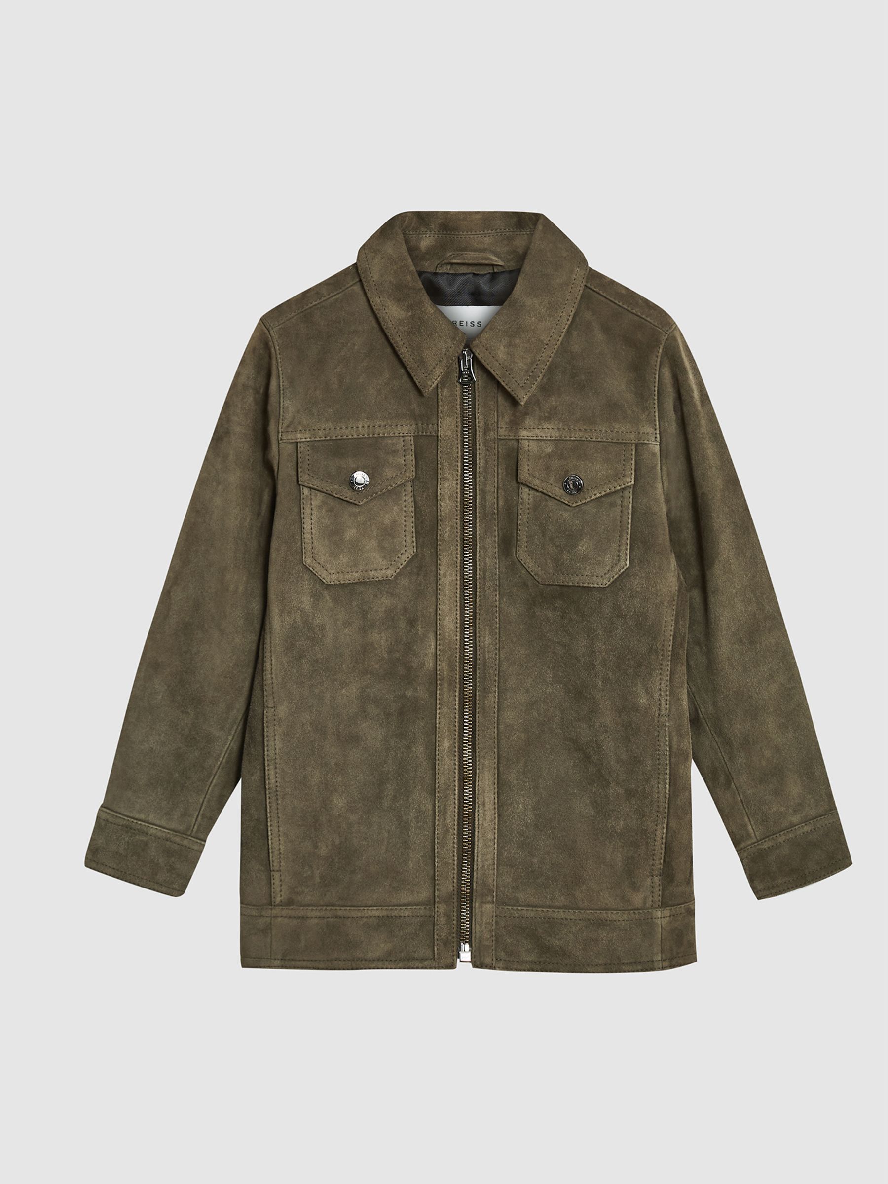 Suede Zip Through Jacket in Green - Image 2 of 6