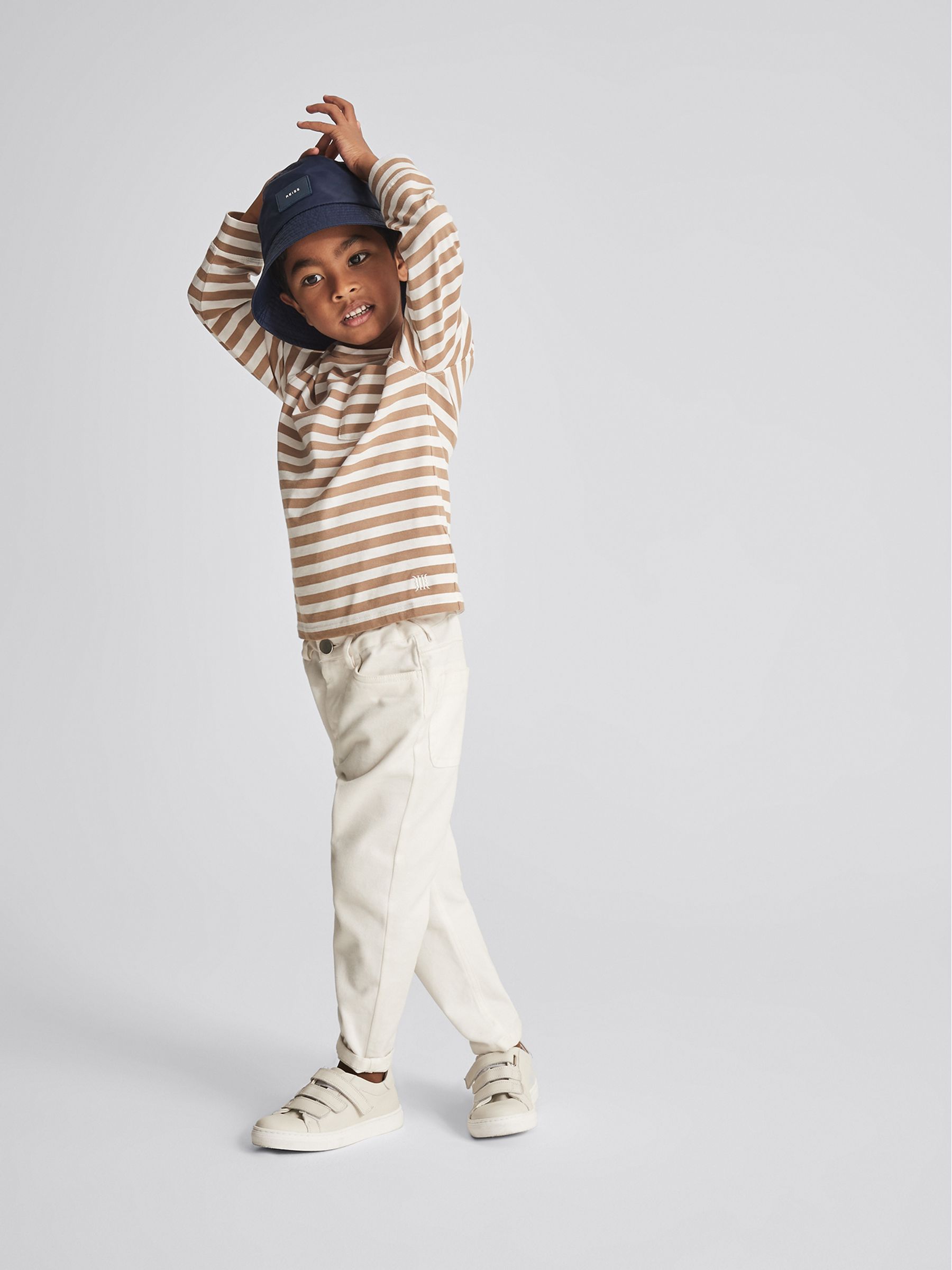 Striped Long Sleeve T Shirt in White/ Camel - Image 1 of 6