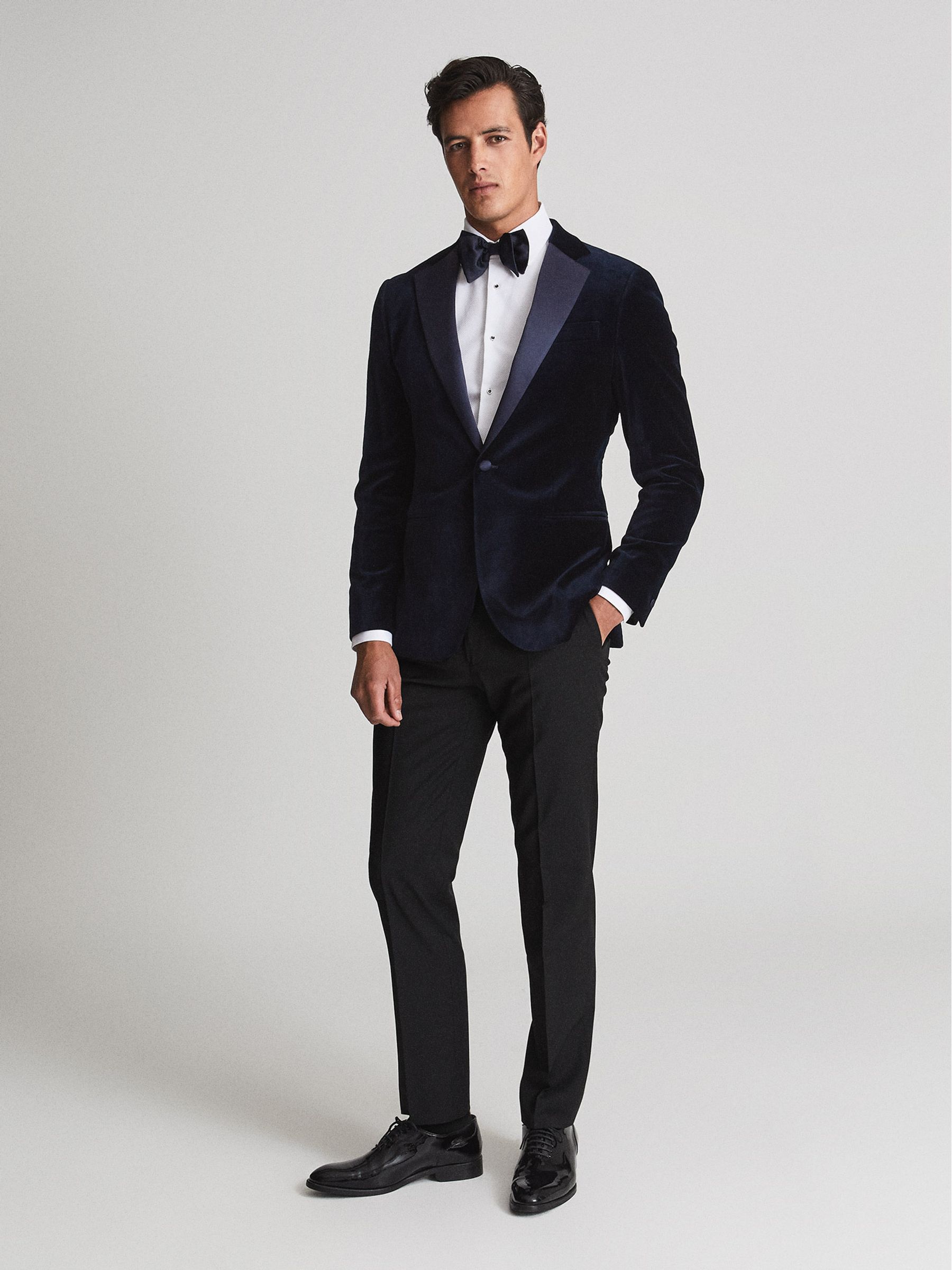 Single Breasted Velvet Blazer in Navy Blue - Image 1 of 5