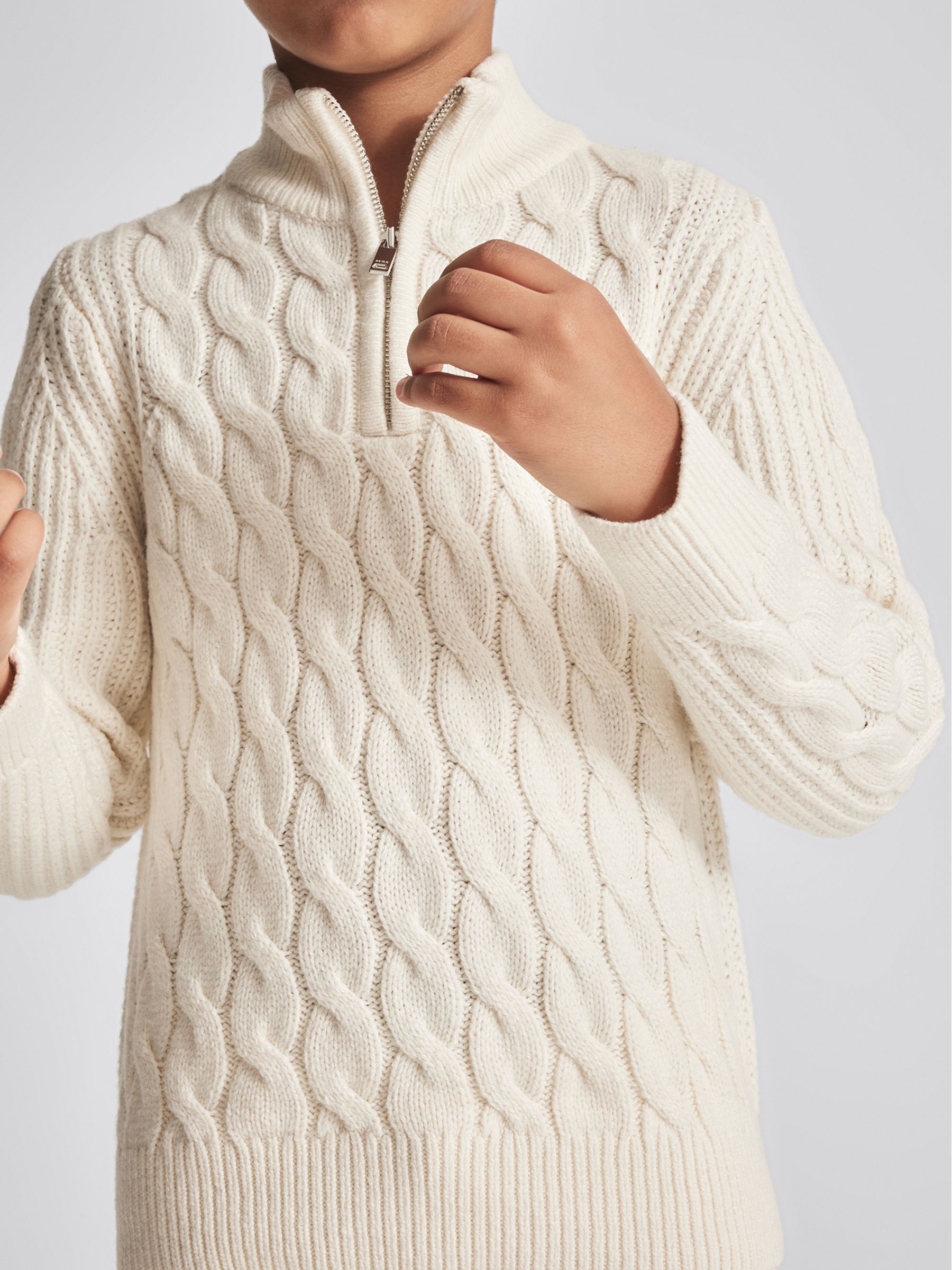 Cable Knit Cashmere Blend Zip Up Jumper in Ecru - Image 3 of 6