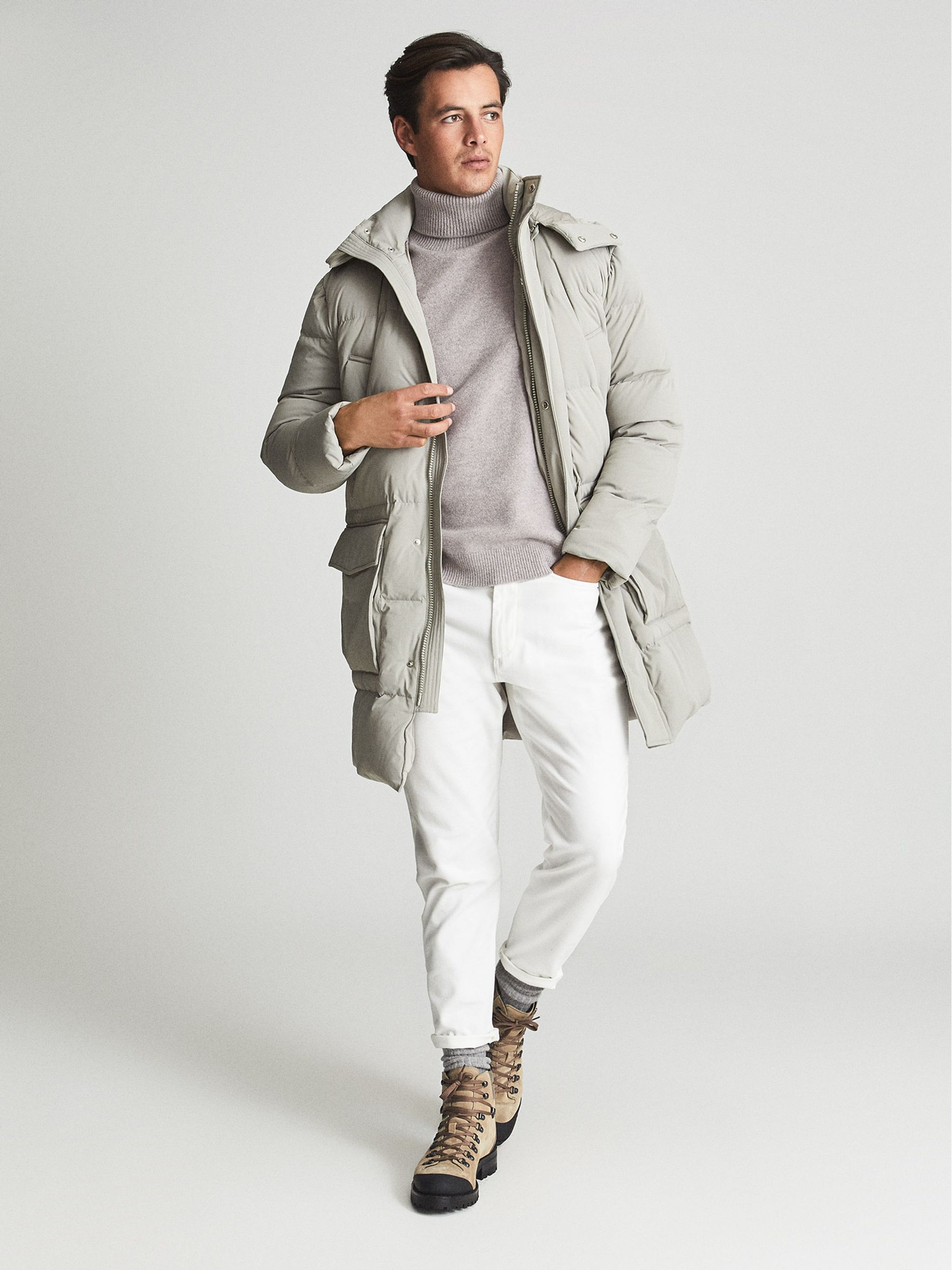 Longline Hooded Puffer Jacket in Stone - Image 1 of 6