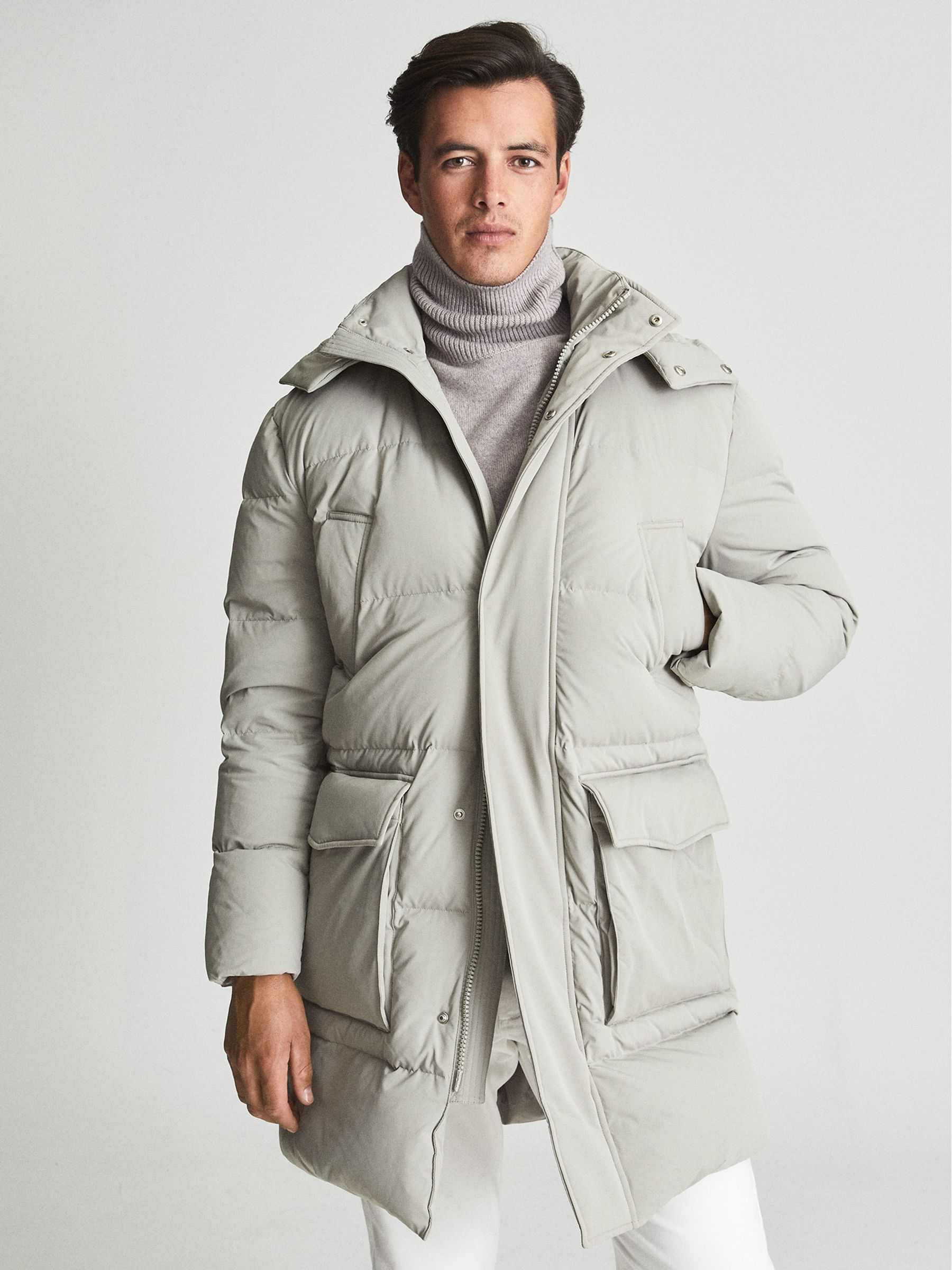 Longline Hooded Puffer Jacket in Stone - Image 3 of 6