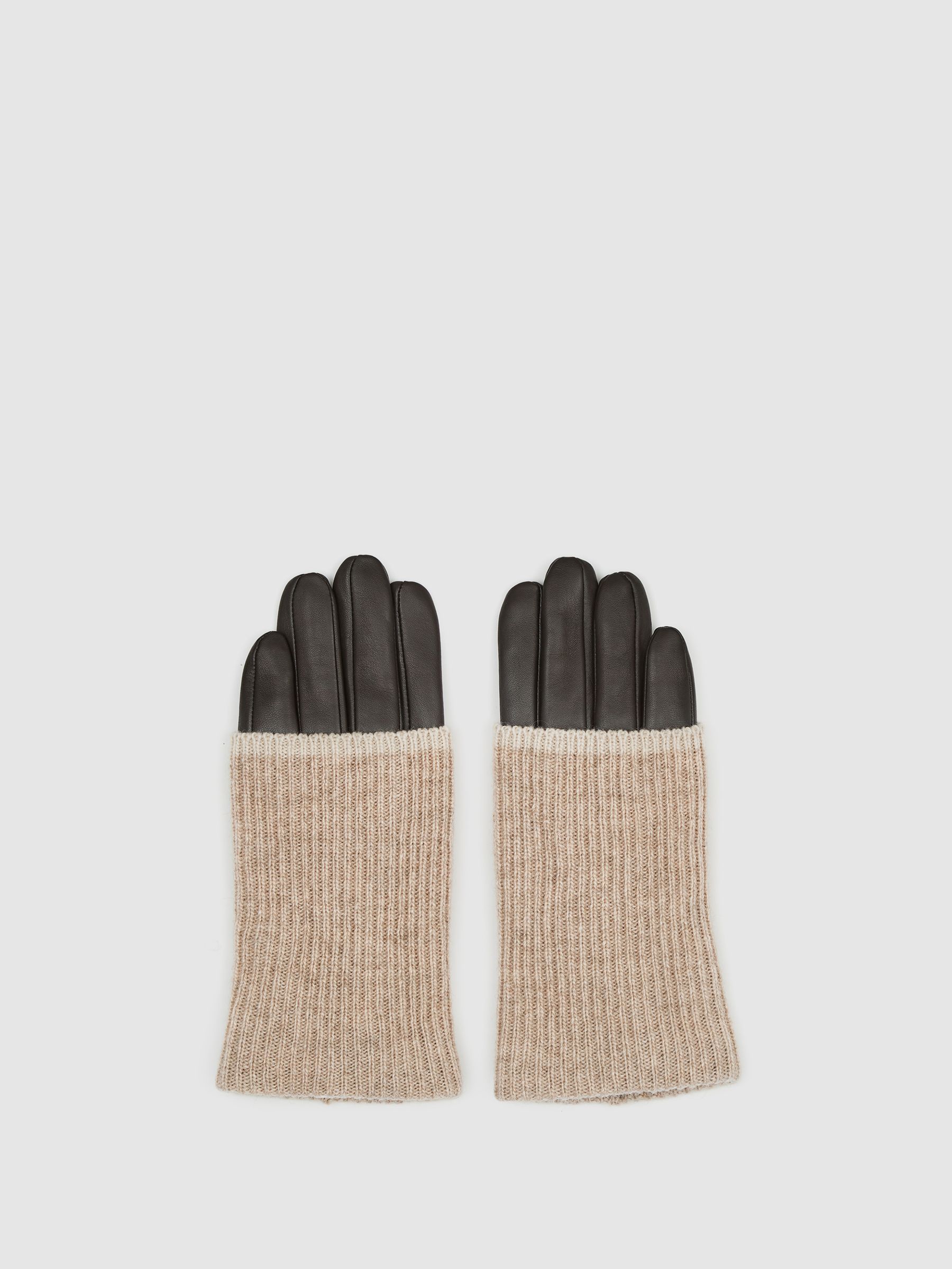 Knitted & Leather Gloves in Chocolate - Image 1 of 4