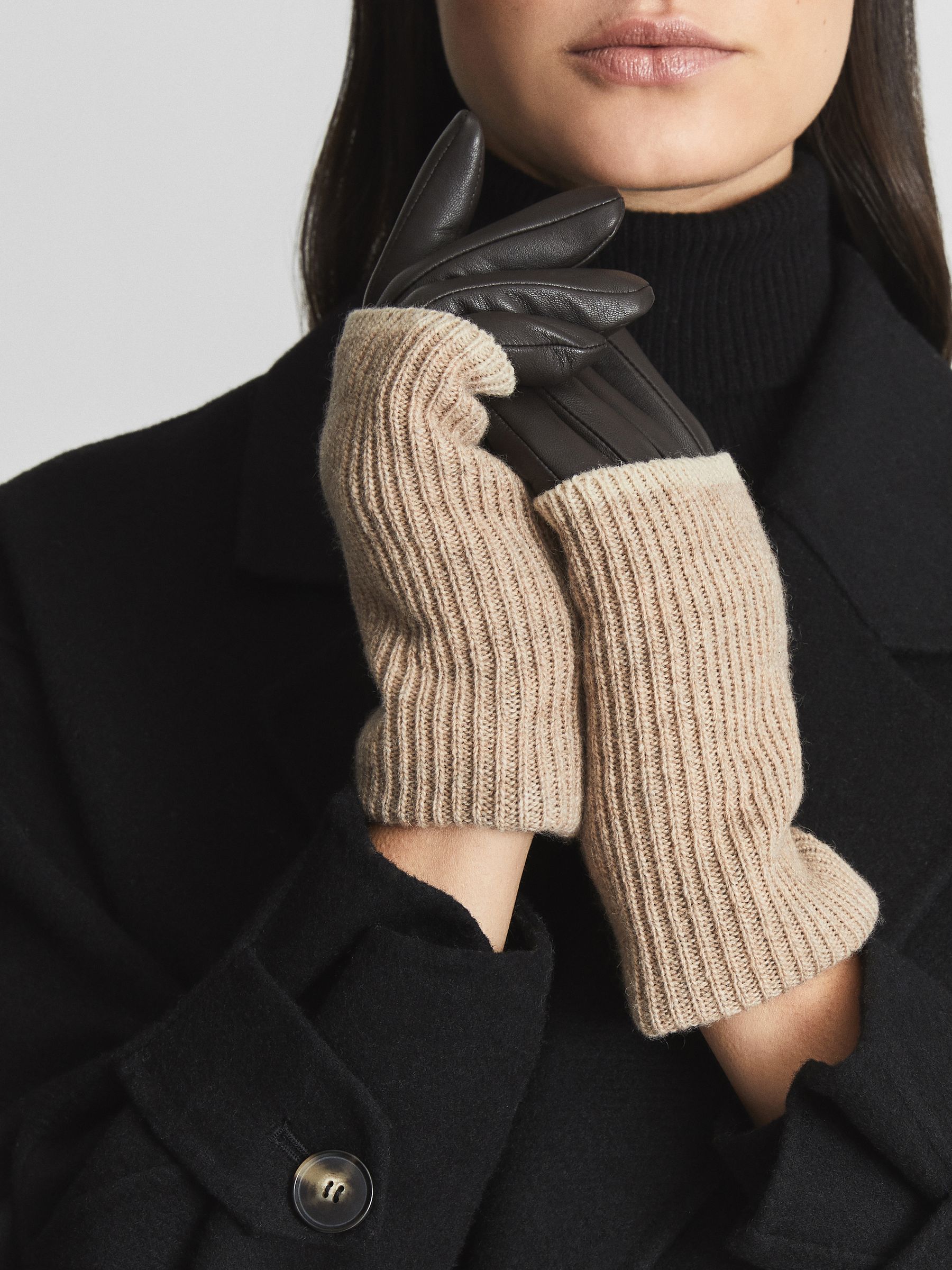 Knitted & Leather Gloves in Chocolate - Image 2 of 4