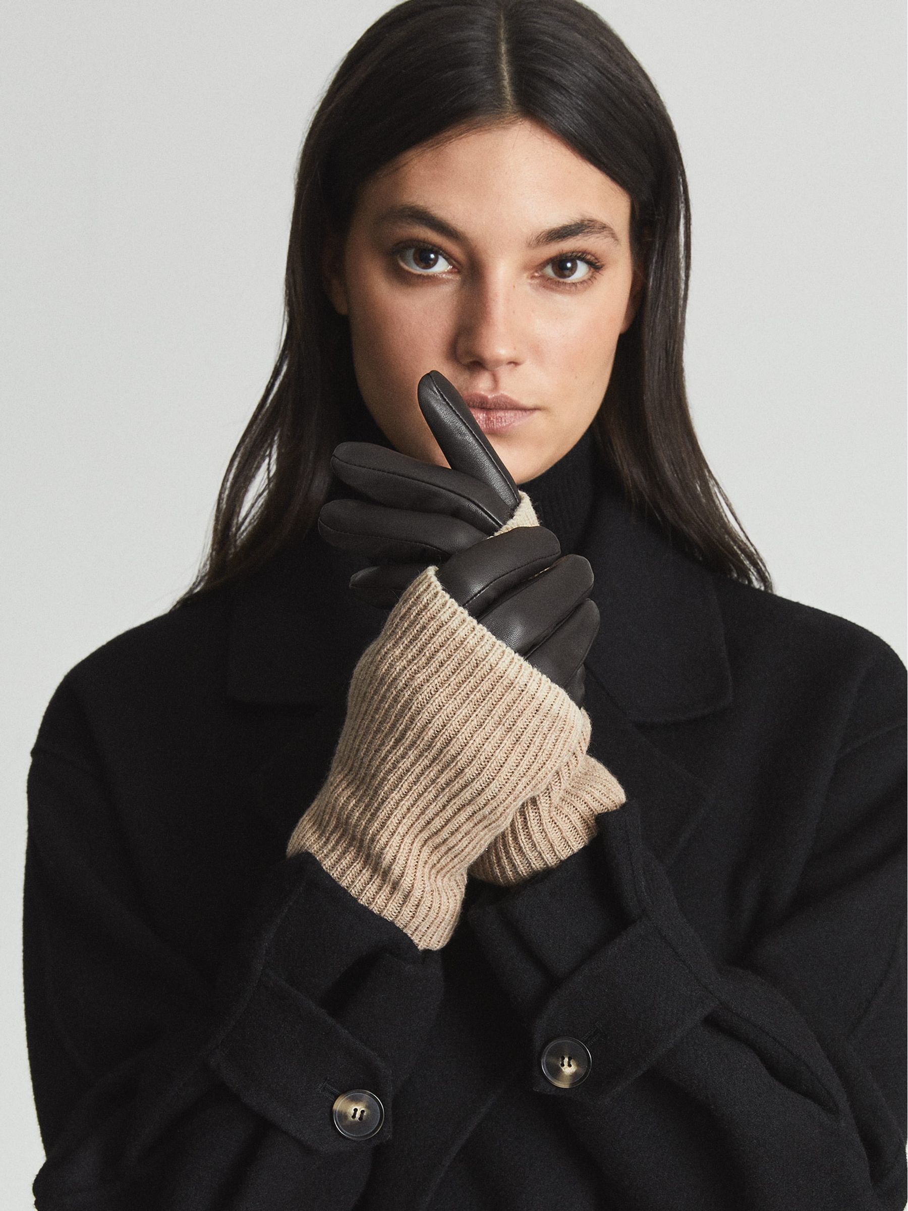 Knitted & Leather Gloves in Chocolate - Image 4 of 4