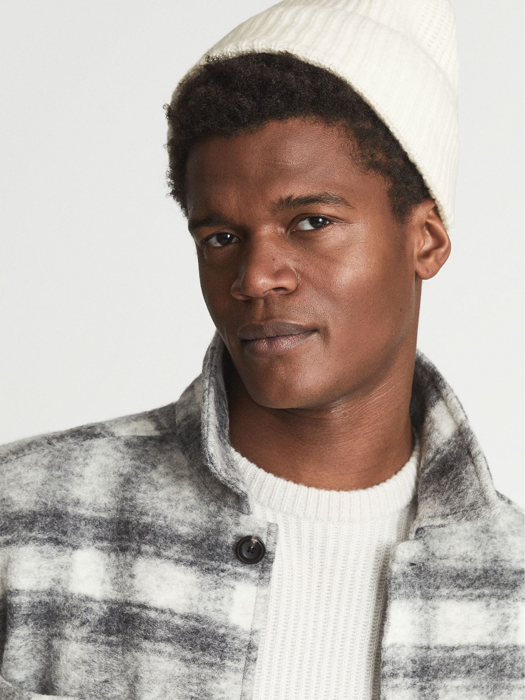 Rib Knitted Lambswool Beanie in Ecru - Image 1 of 3 Rib Knitted Lambswool Beanie in Ecru - Image 1 of 3