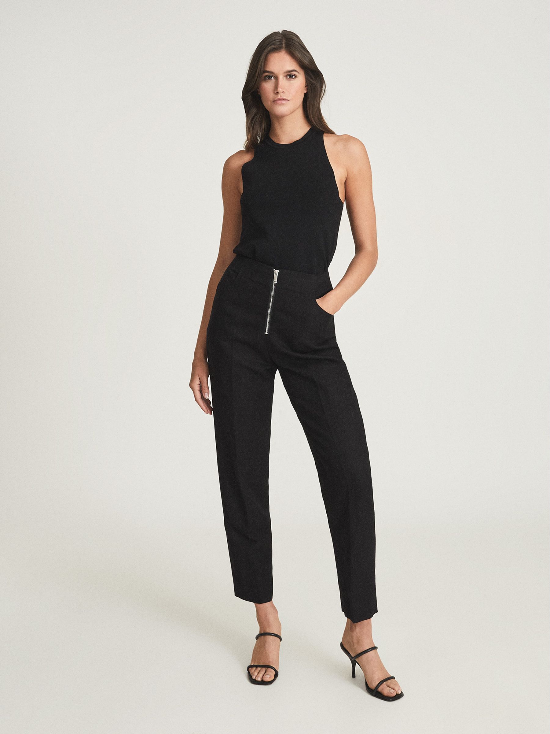 Linen Blend Trousers With Exposed Zip in Black - Image 1 of 6