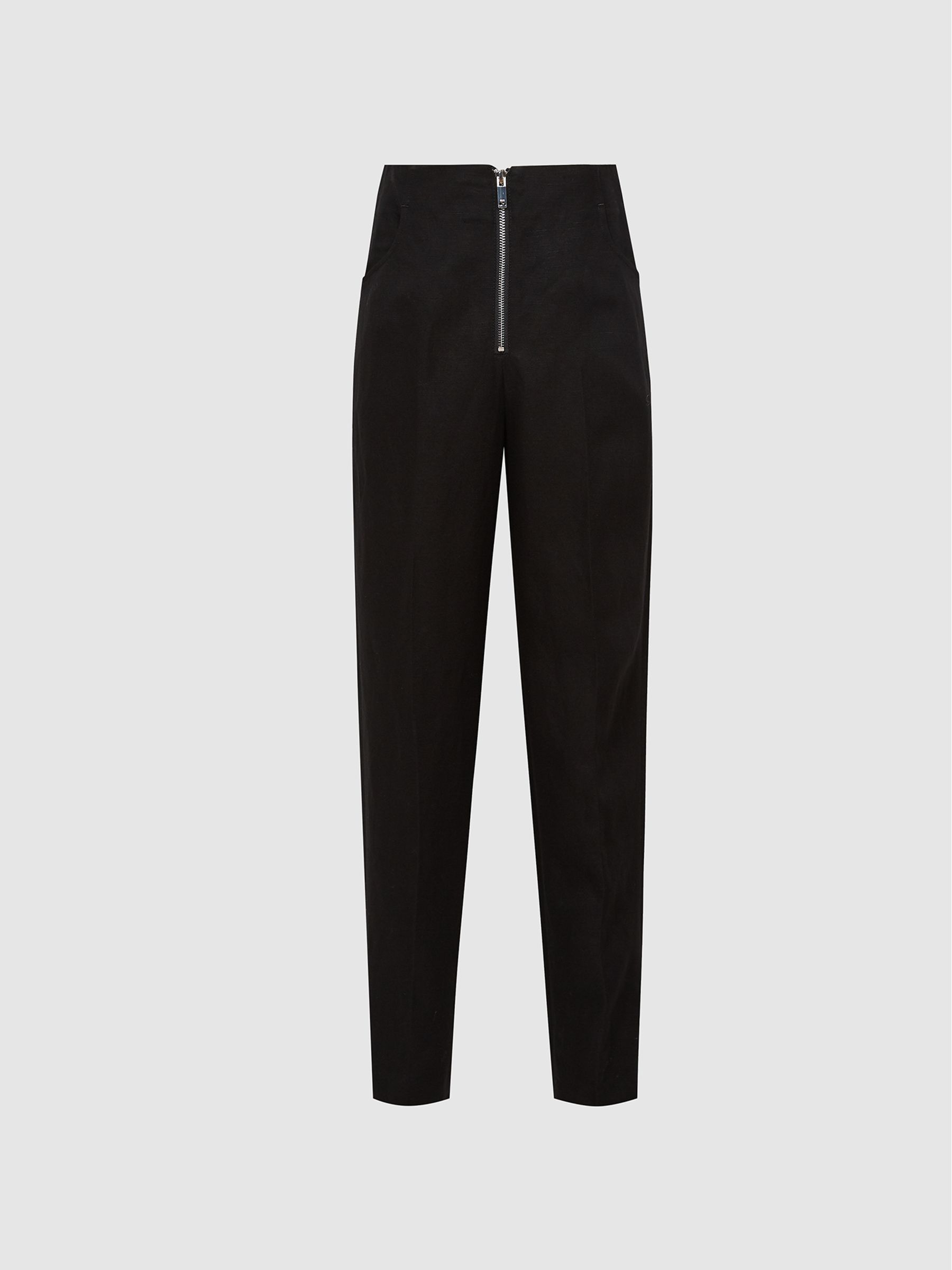 Linen Blend Trousers With Exposed Zip in Black - Image 2 of 6