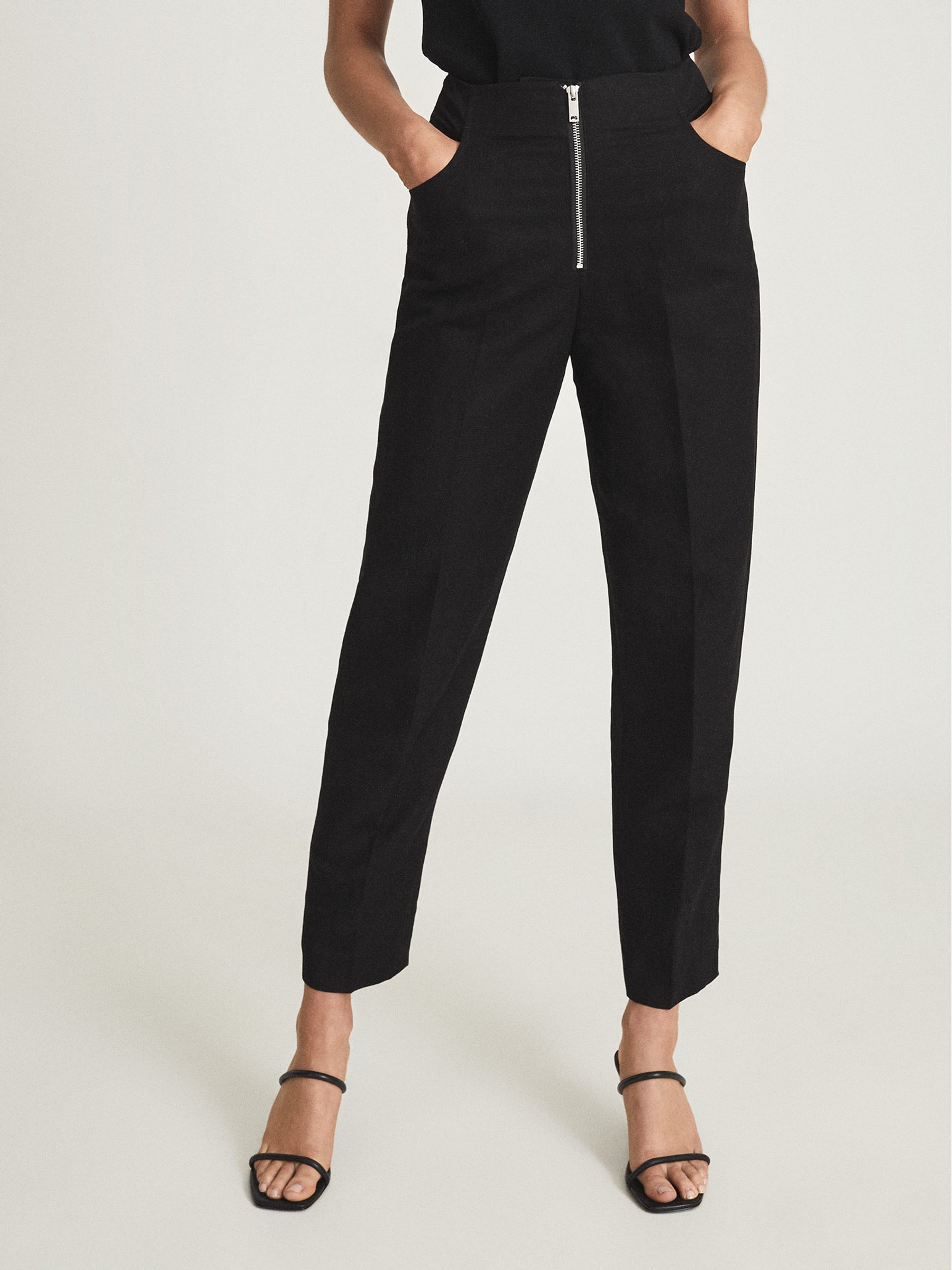 Linen Blend Trousers With Exposed Zip in Black - Image 3 of 6