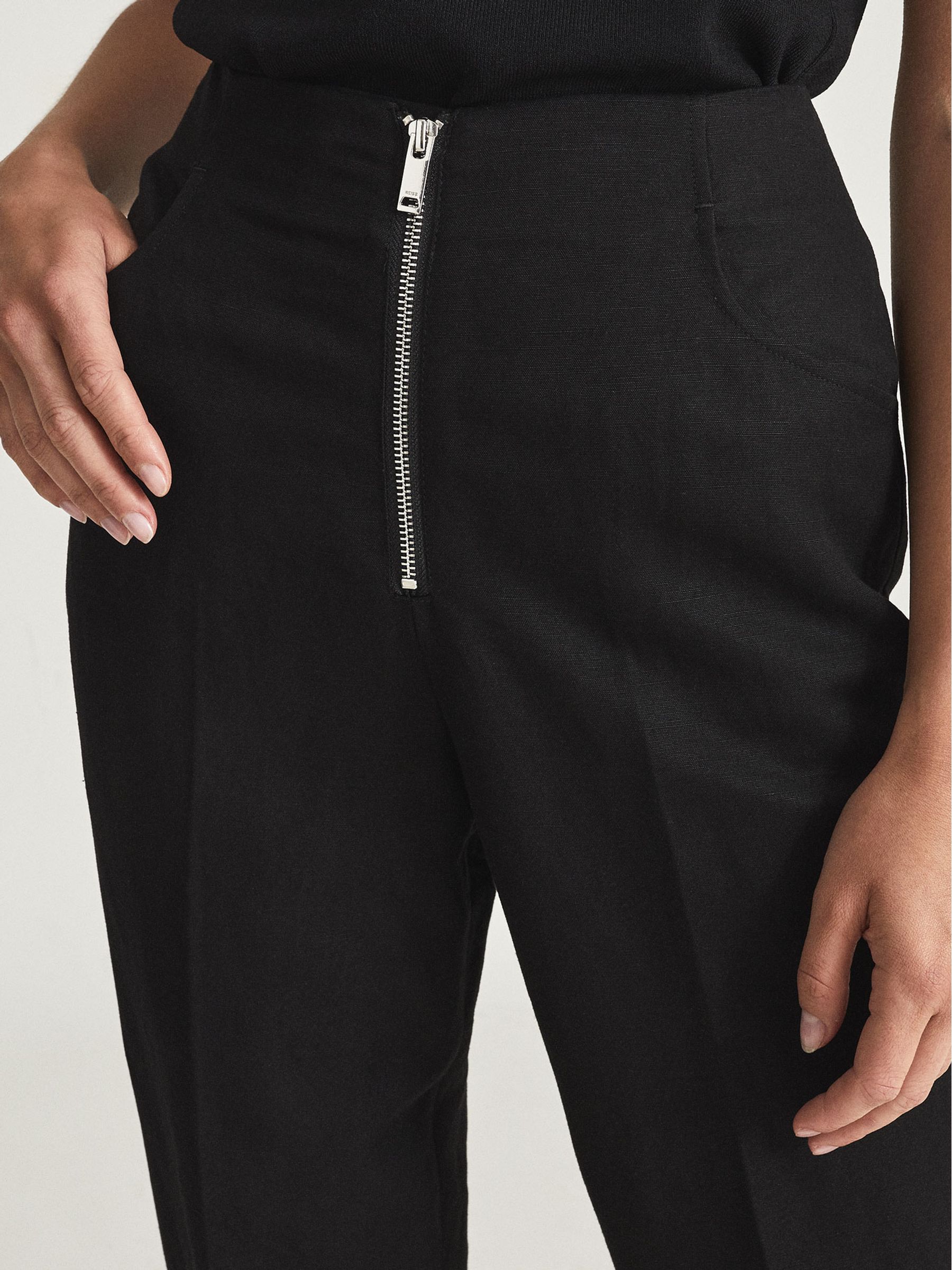 Linen Blend Trousers With Exposed Zip in Black - Image 4 of 6