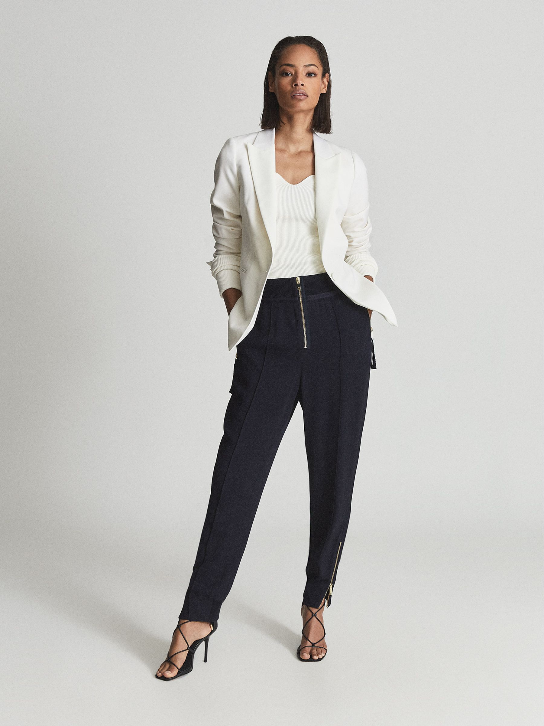 High Waist Slim Trousers in Navy Blue - Image 1 of 6