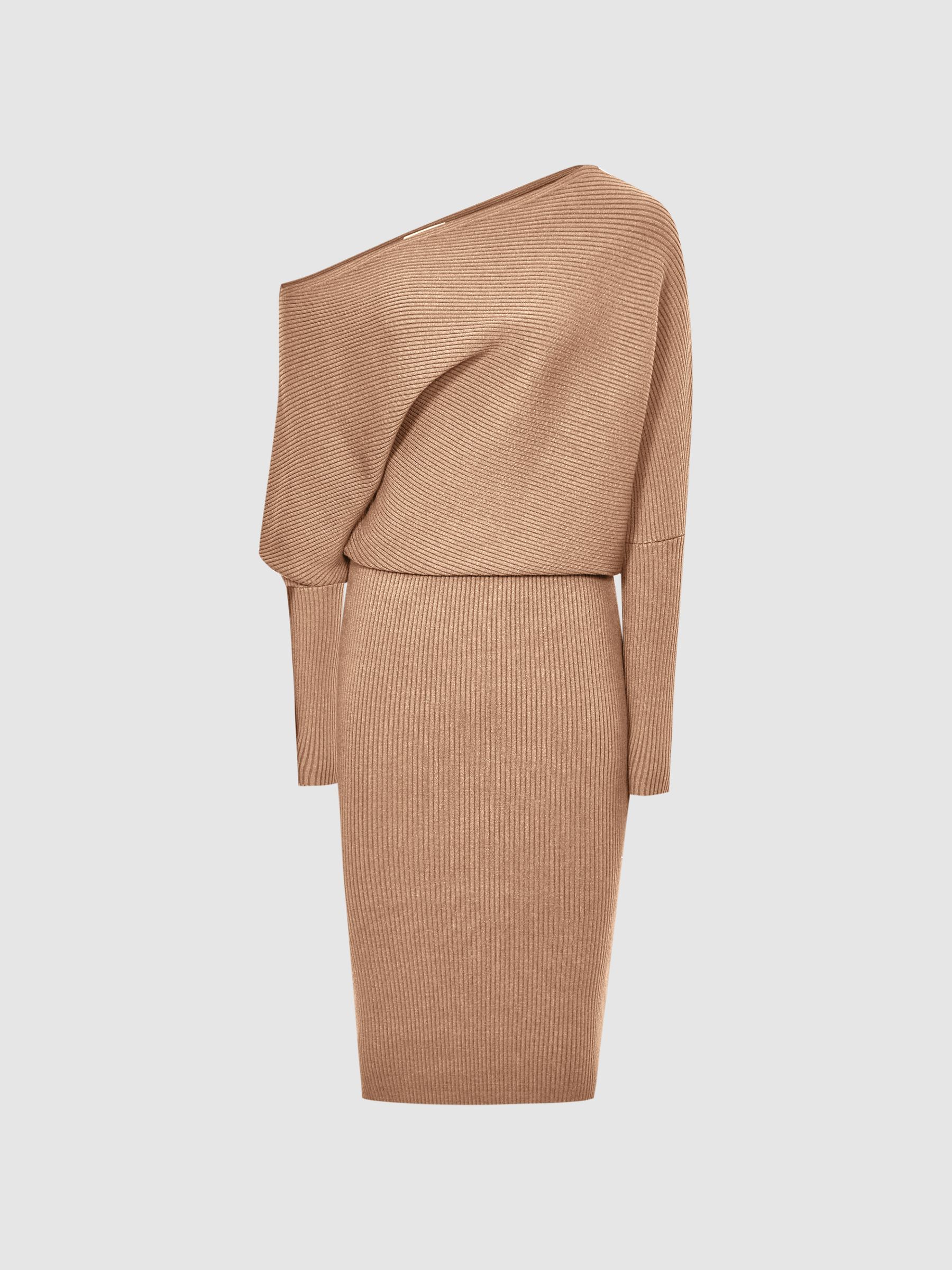 Off-the-shoulder Knitted Dress in Camel - Image 2 of 5