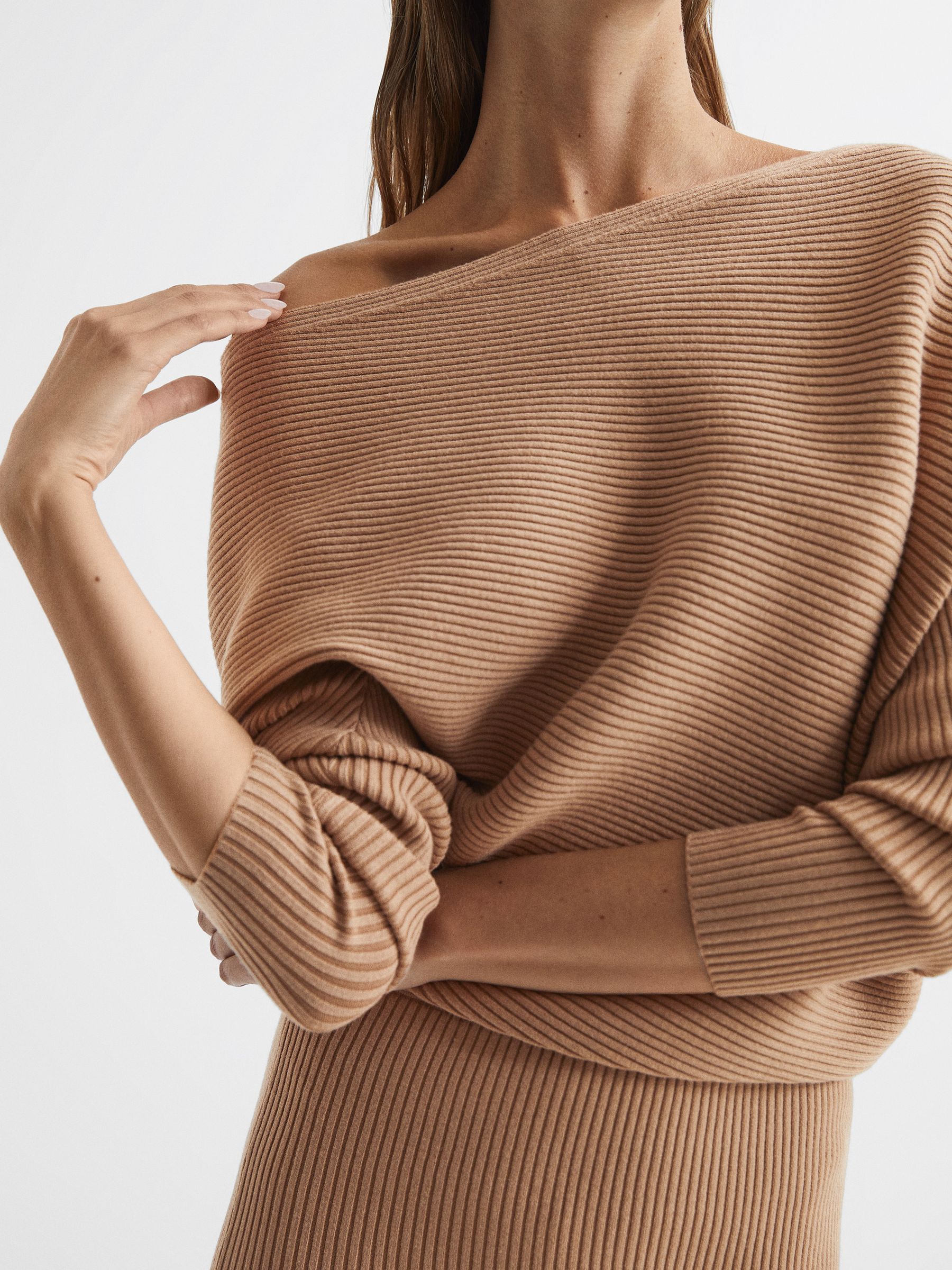 Off-the-shoulder Knitted Dress in Camel - Image 4 of 5