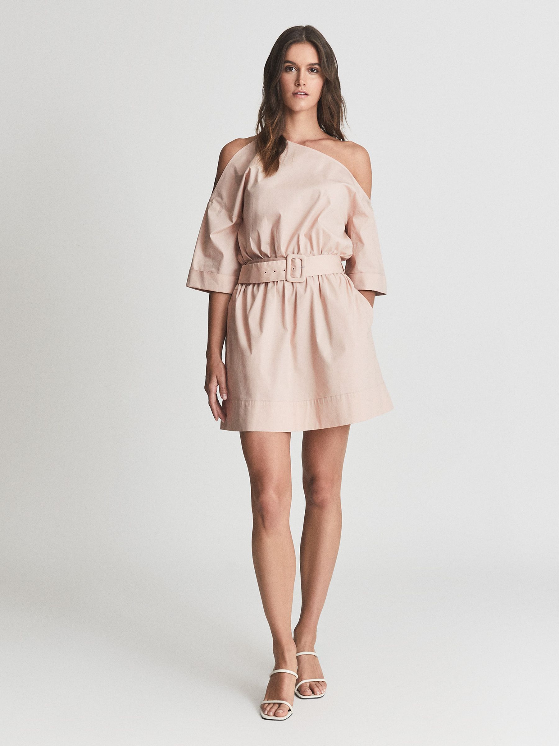 One Shoulder Mini Dress in Nude - Image 1 of 6