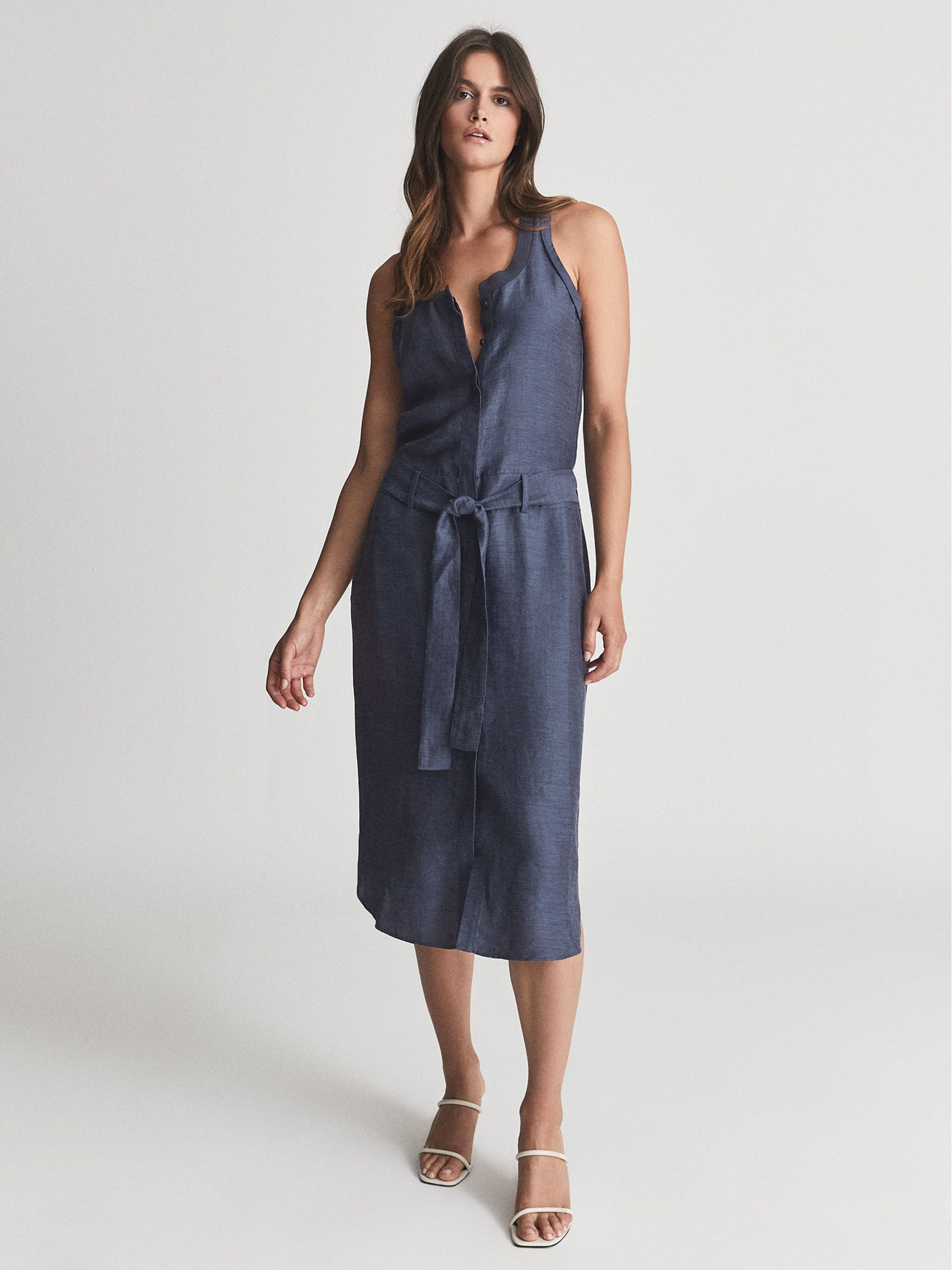 Linen Blend Midi Dress in Navy - Image 1 of 6