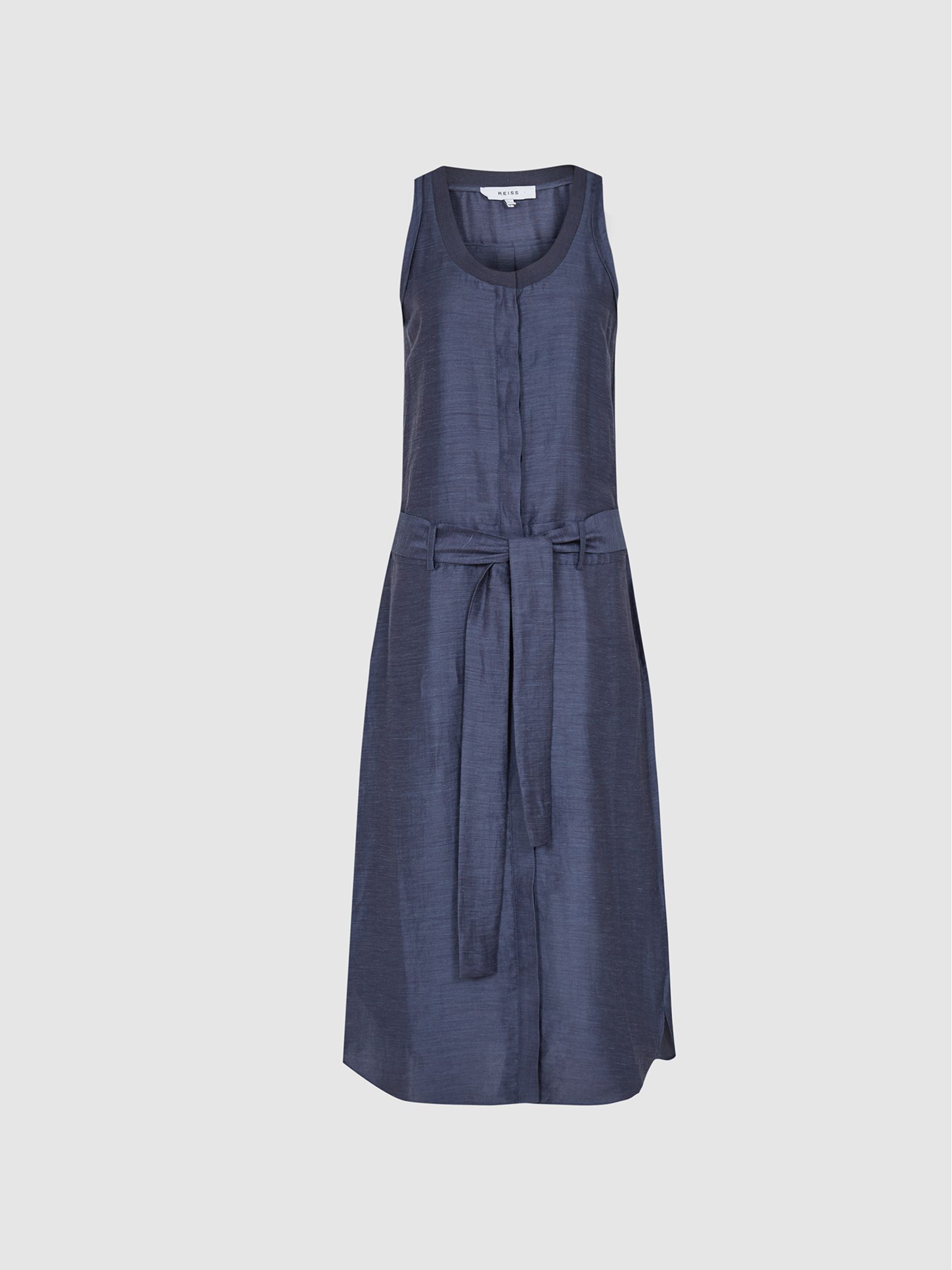 Linen Blend Midi Dress in Navy - Image 2 of 6