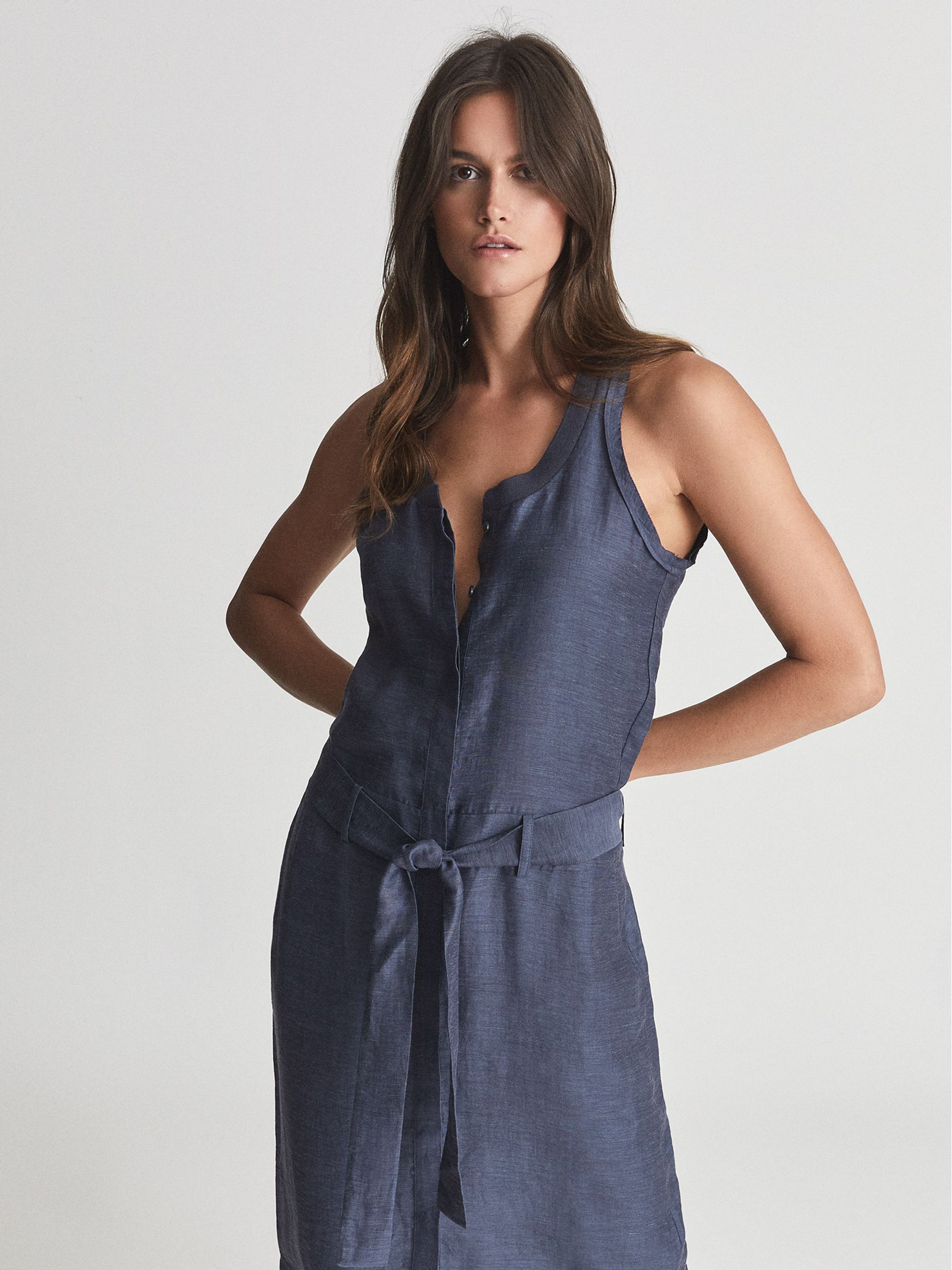 Linen Blend Midi Dress in Navy - Image 3 of 6