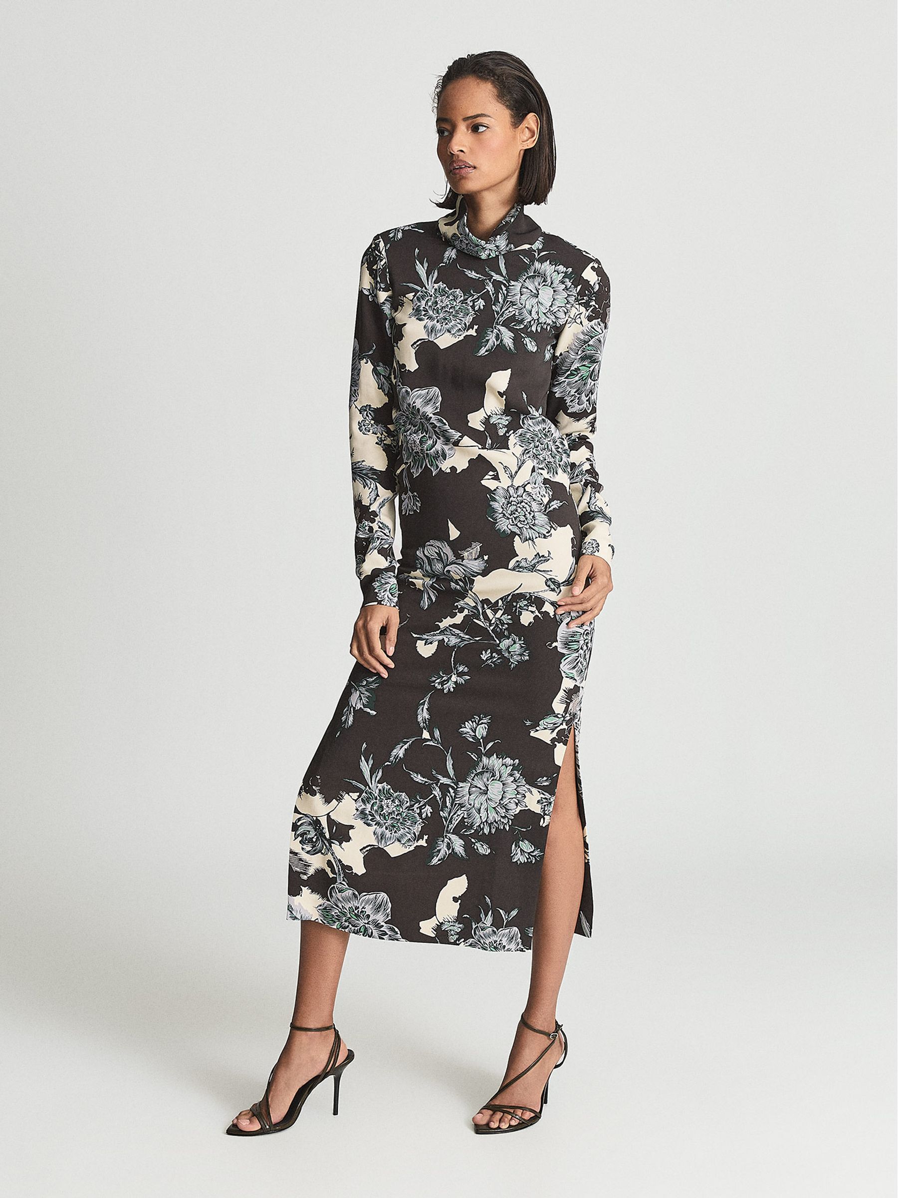 Floral Print High Neck Midi Dress in Blue - Image 1 of 6