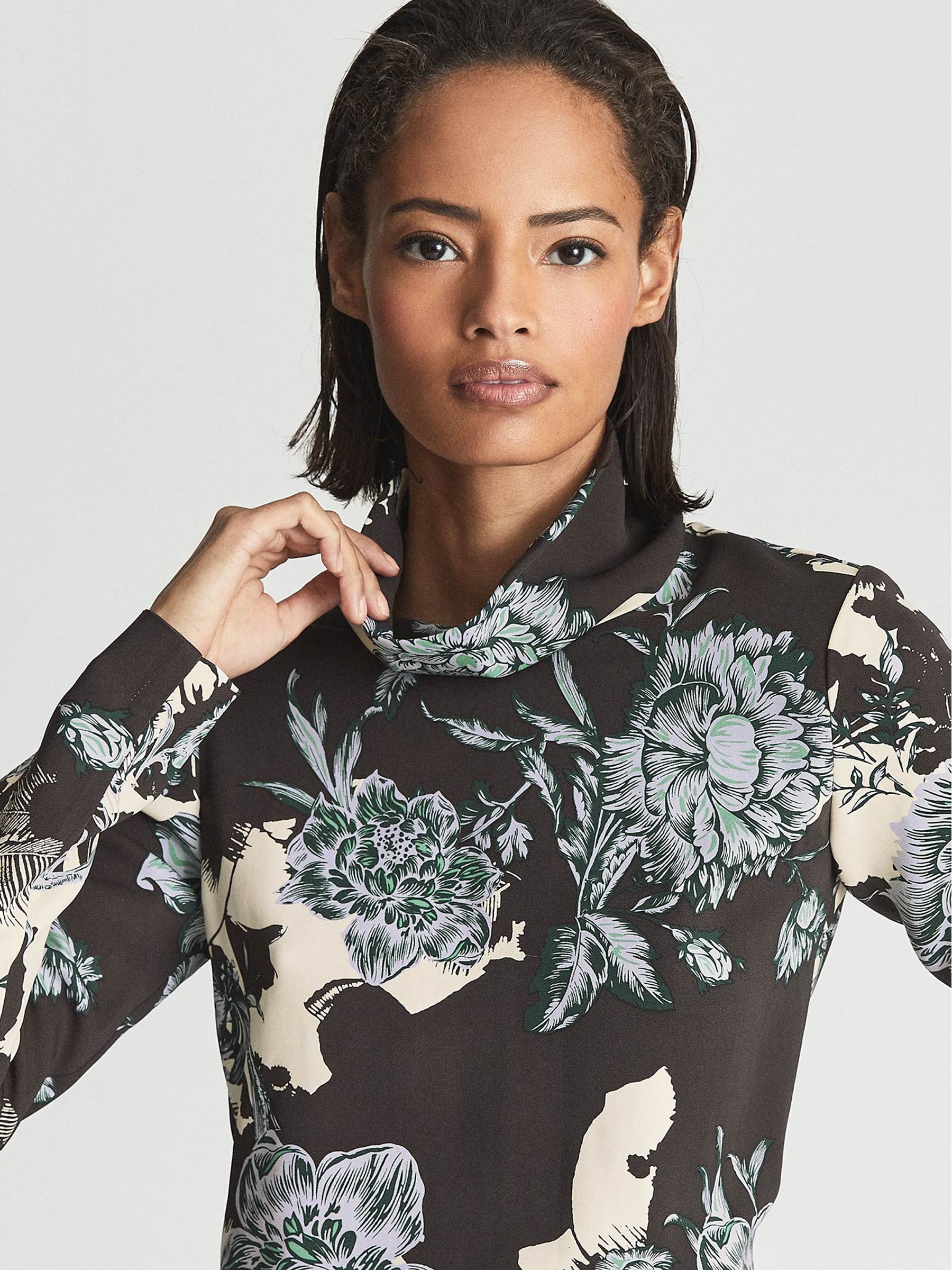 Floral Print High Neck Midi Dress in Blue - Image 3 of 6