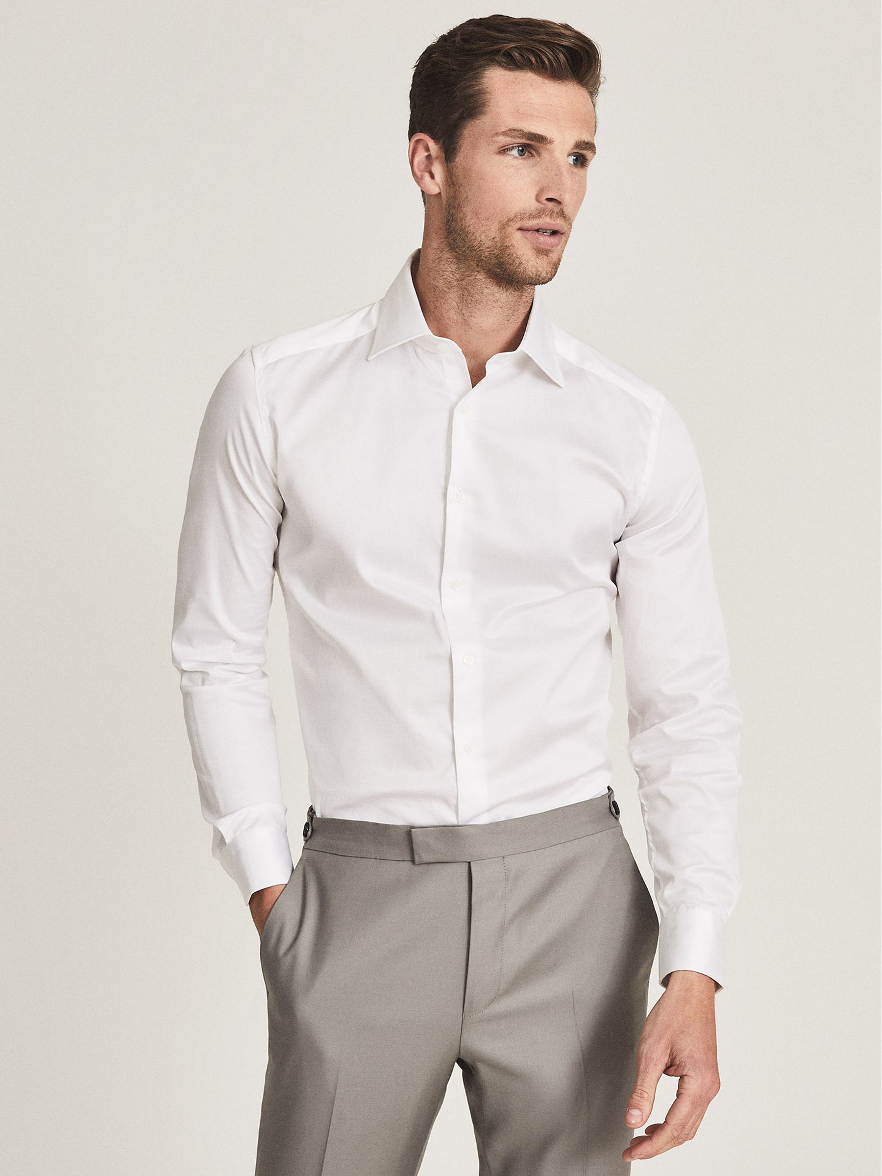 Cotton Satin Stretch Slim Fit Shirt in White - Image 1 of 7