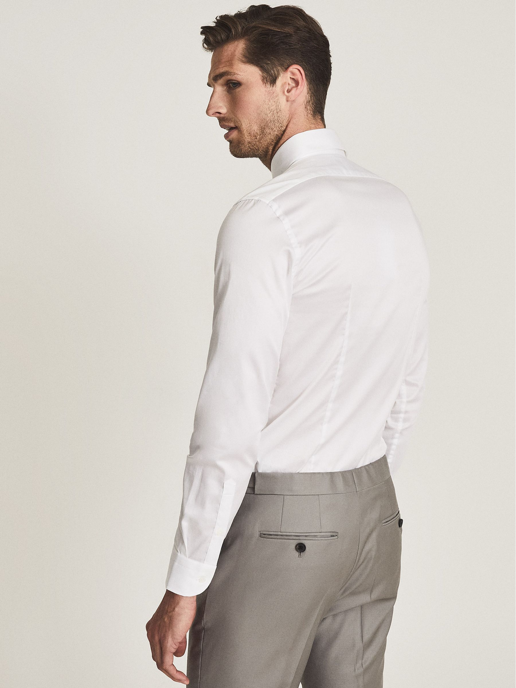 Cotton Satin Stretch Slim Fit Shirt in White - Image 5 of 7