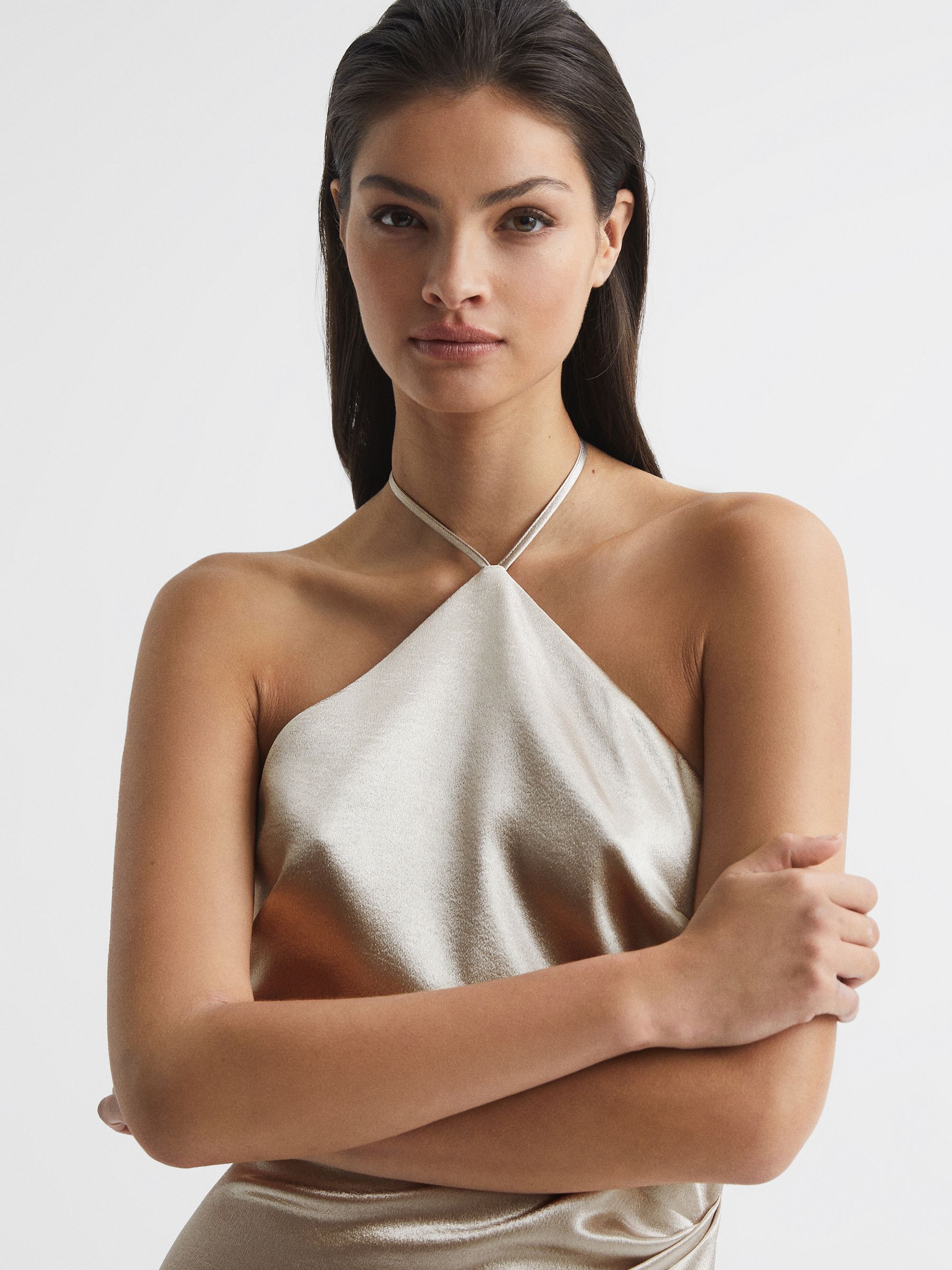 Reiss Metallic Halterneck Occasion Dress in Silver - REISS