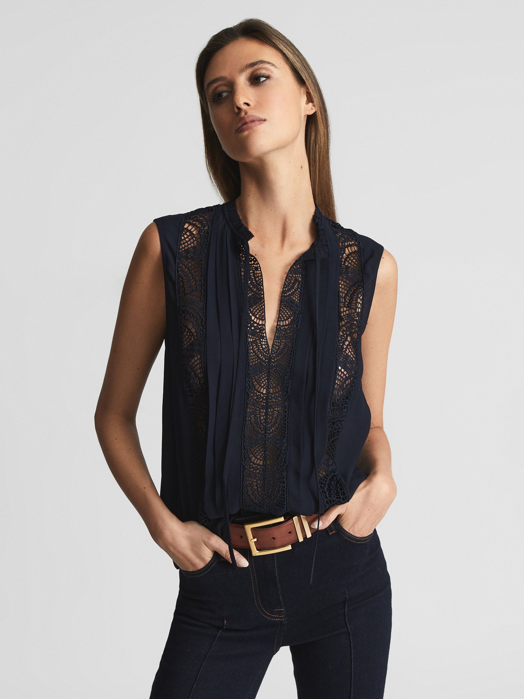Sleeveless Embroidered Lace Blouse in Navy - Image 1 of 5