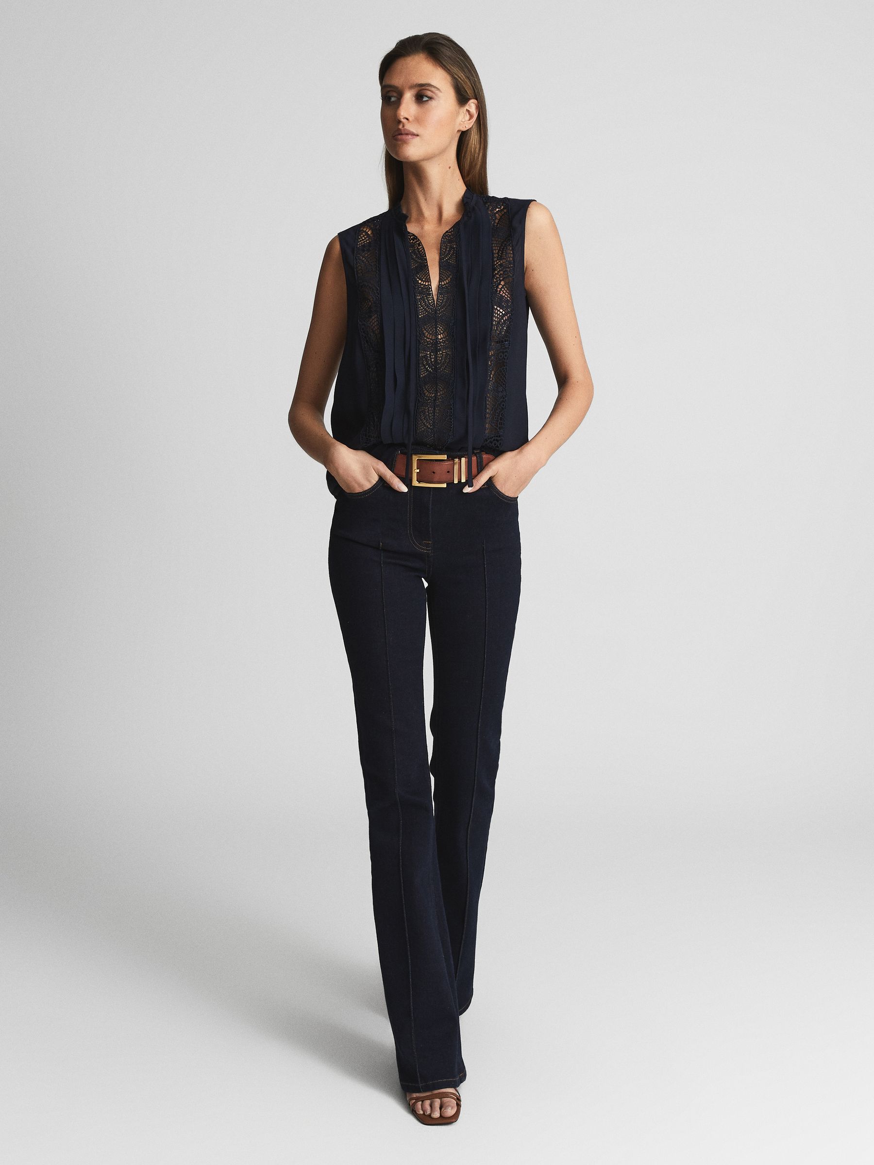 Sleeveless Embroidered Lace Blouse in Navy - Image 3 of 5