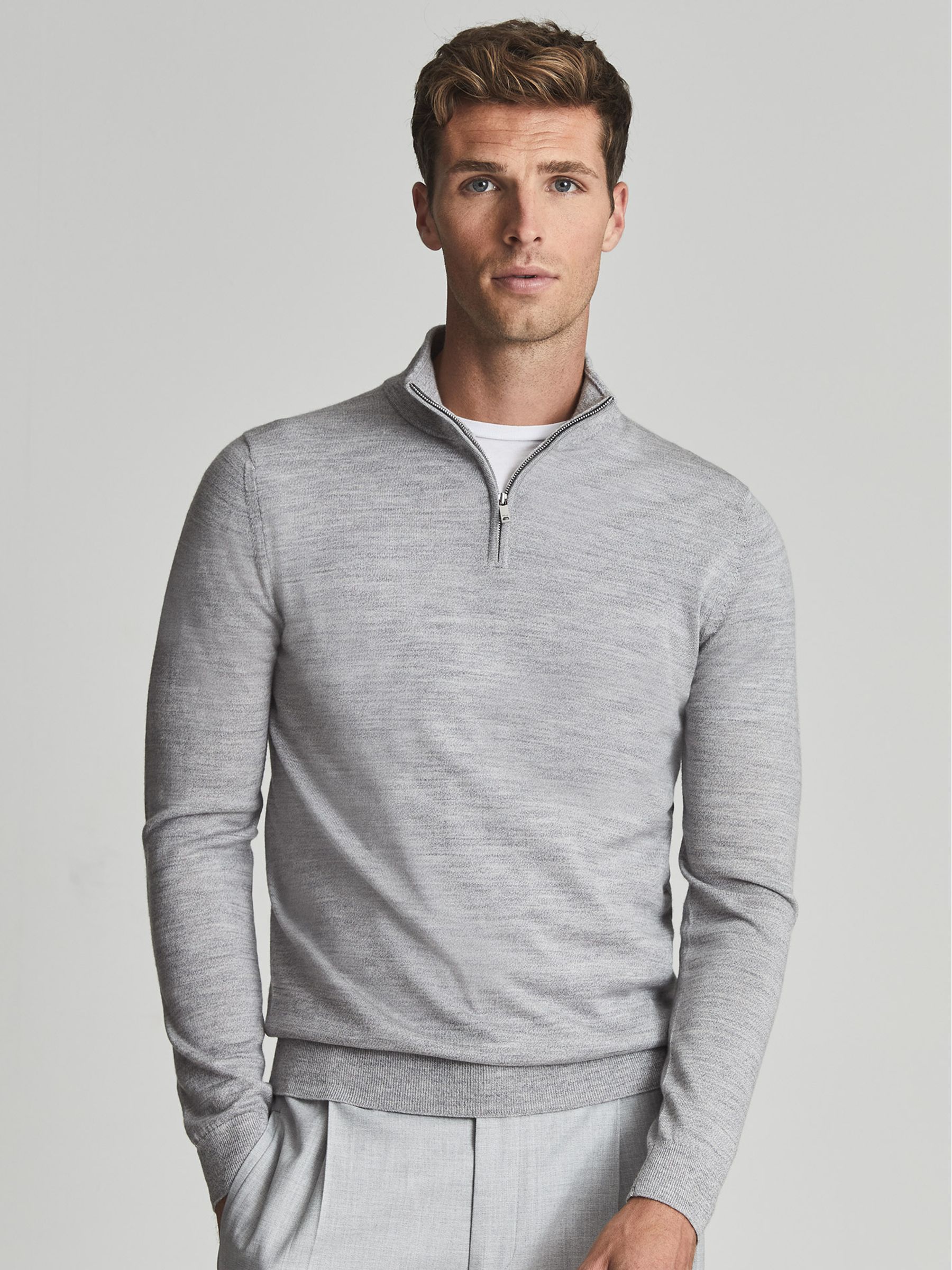 Merino Wool Zip Neck Jumper in Soft Grey Mouli - Image 1 of 6