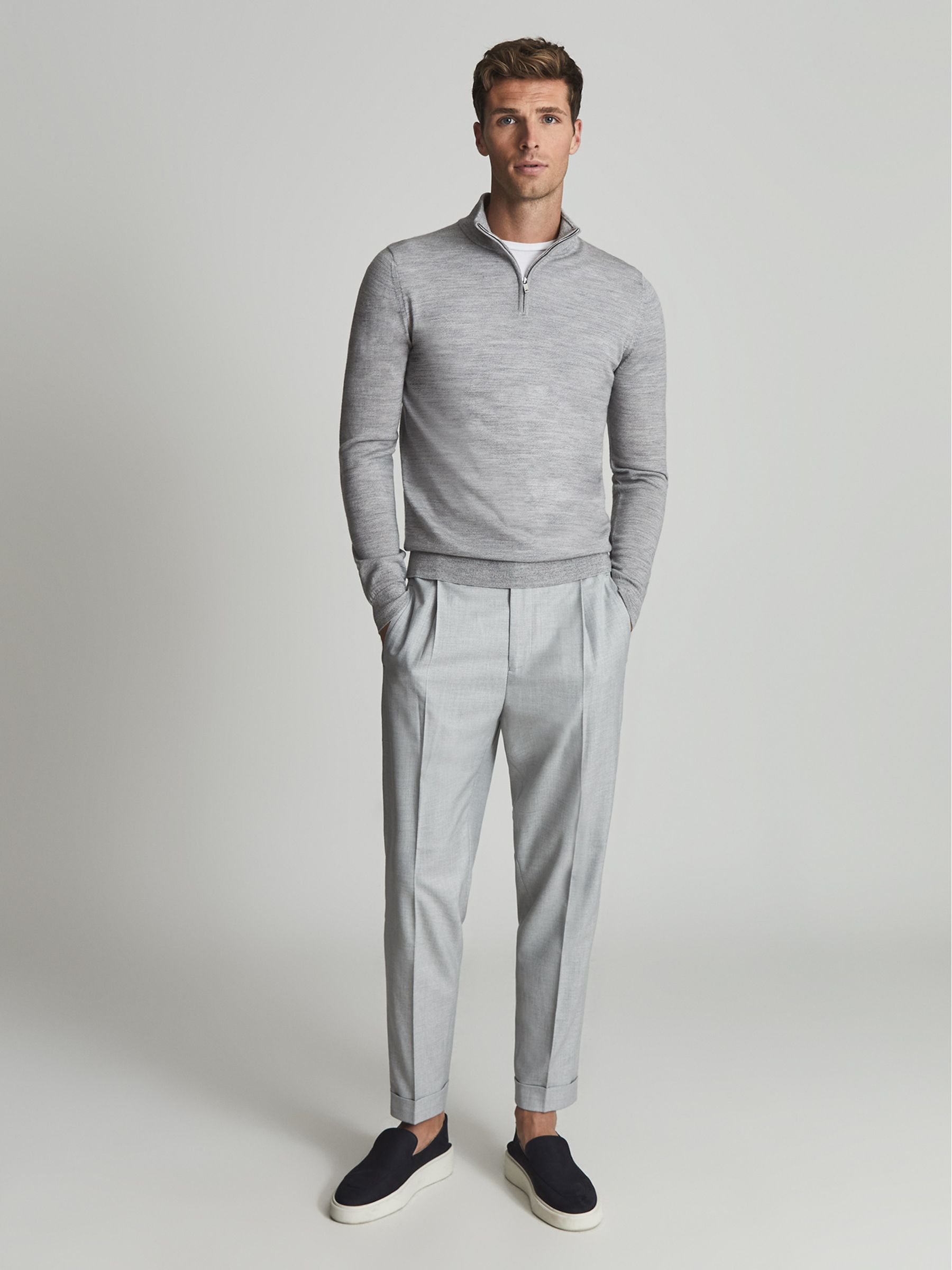 Merino Wool Zip Neck Jumper in Soft Grey Mouli - Image 3 of 6
