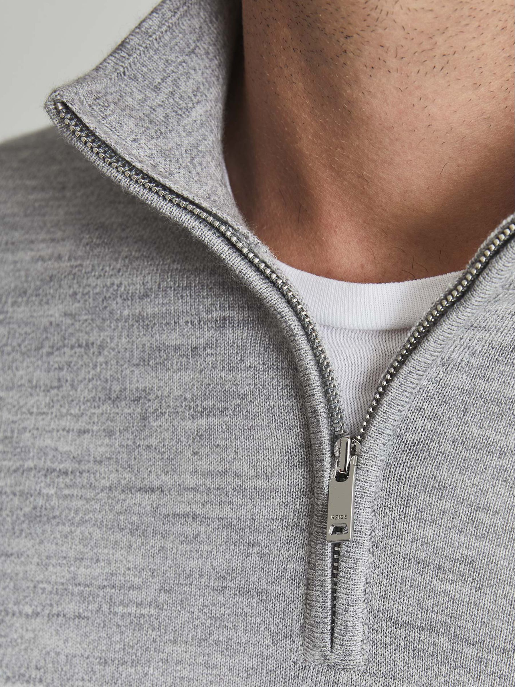Merino Wool Zip Neck Jumper in Soft Grey Mouli - Image 4 of 6