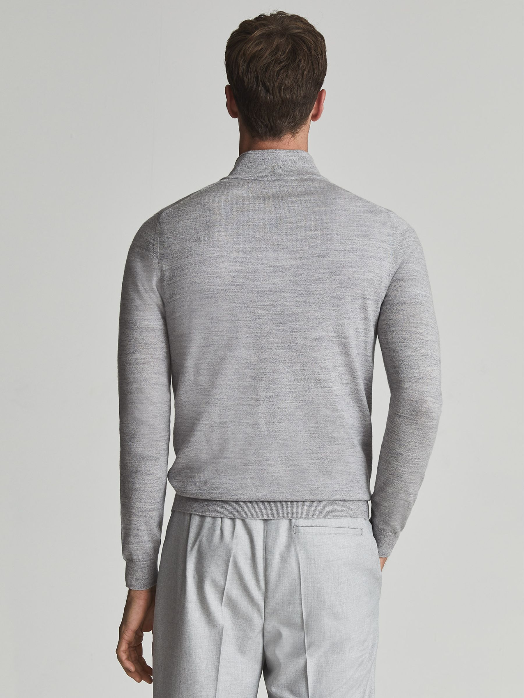 Merino Wool Zip Neck Jumper in Soft Grey Mouli - Image 5 of 6