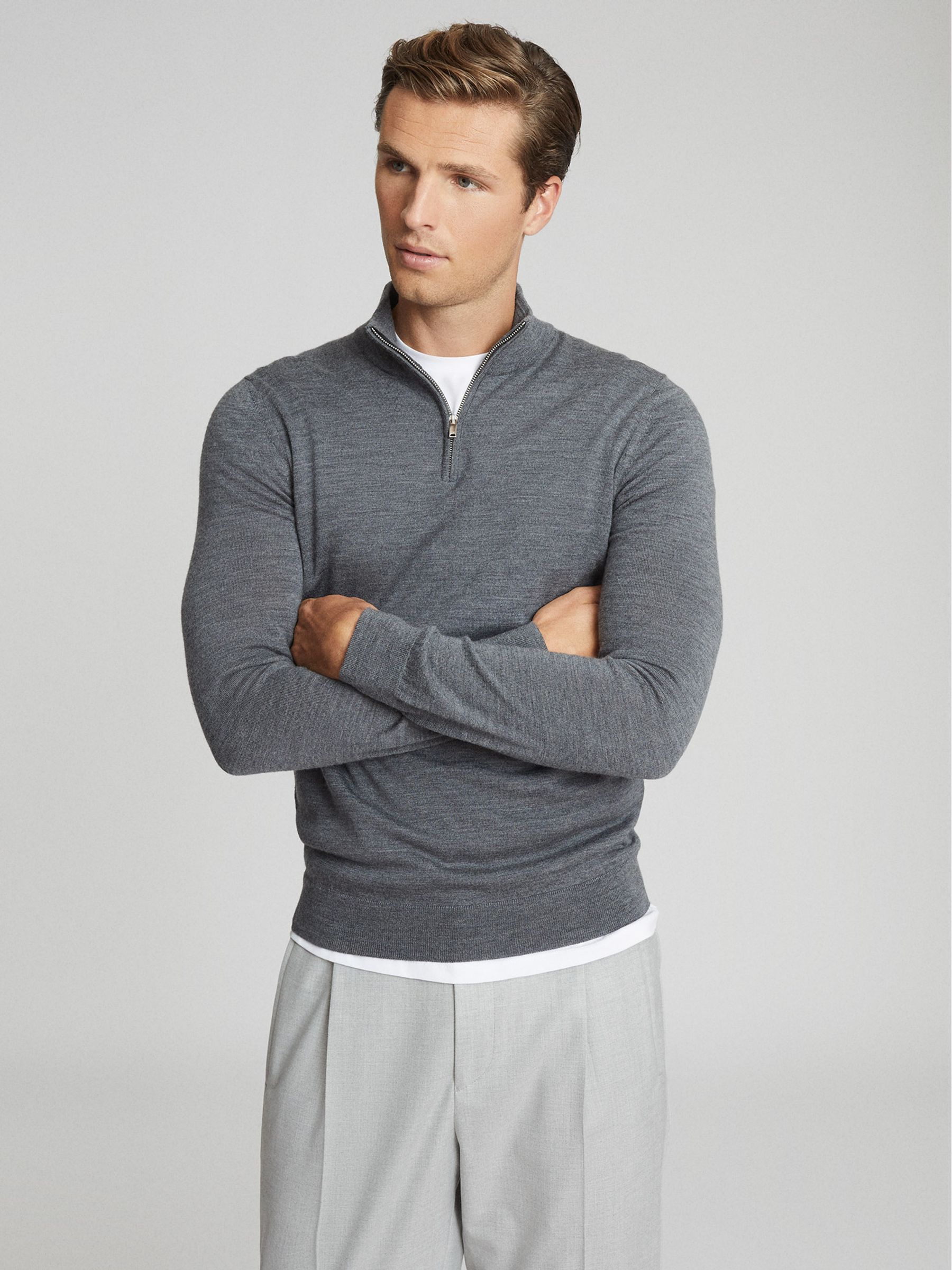 Merino Wool Zip Neck Jumper in Mid Grey Melange - Image 1 of 7