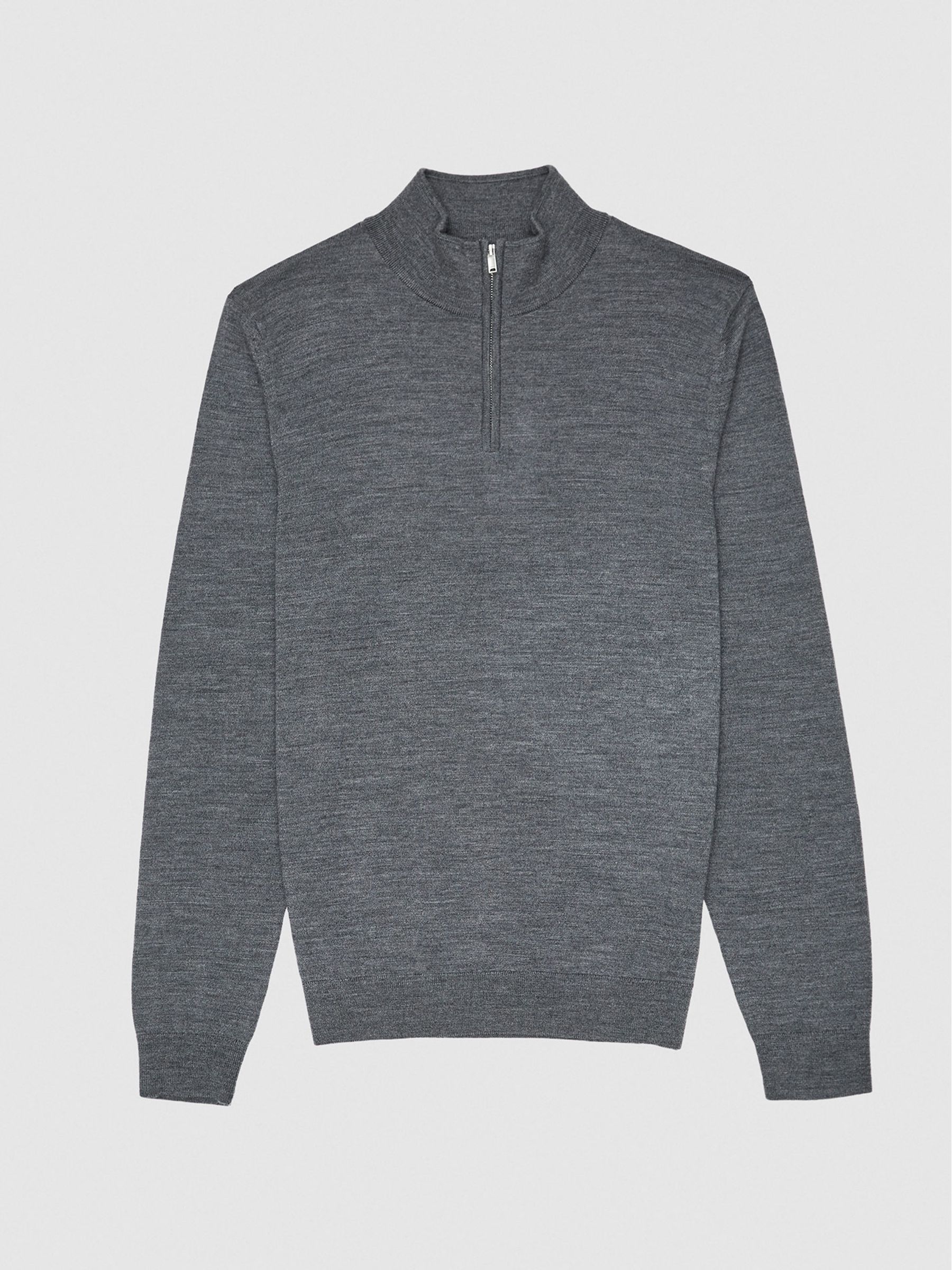 Merino Wool Zip Neck Jumper in Mid Grey Melange - Image 2 of 7