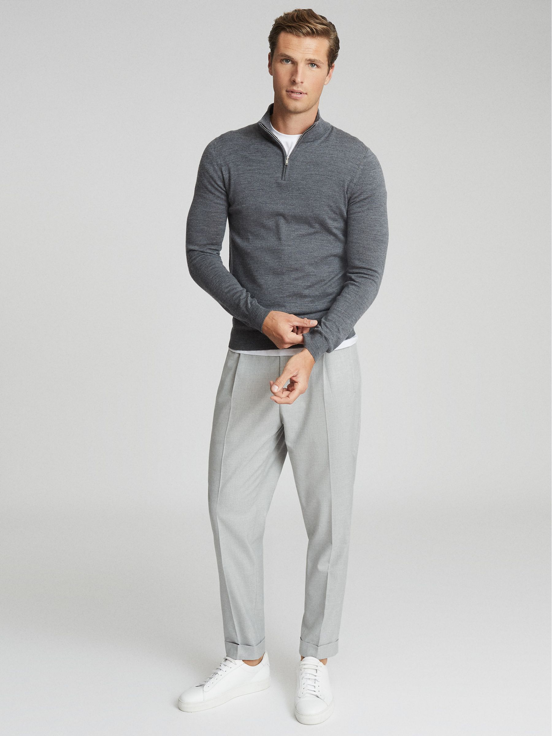 Merino Wool Zip Neck Jumper in Mid Grey Melange - Image 3 of 7