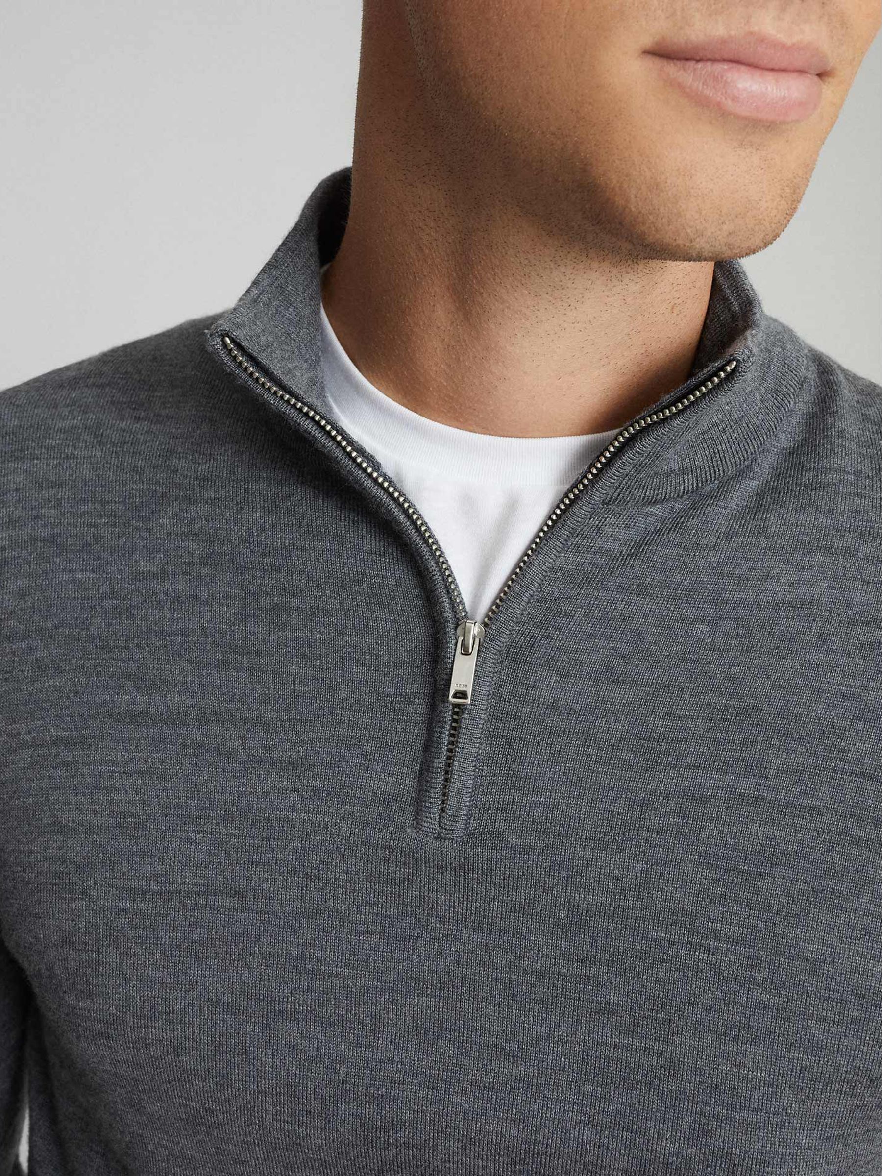 Merino Wool Zip Neck Jumper in Mid Grey Melange - Image 4 of 7