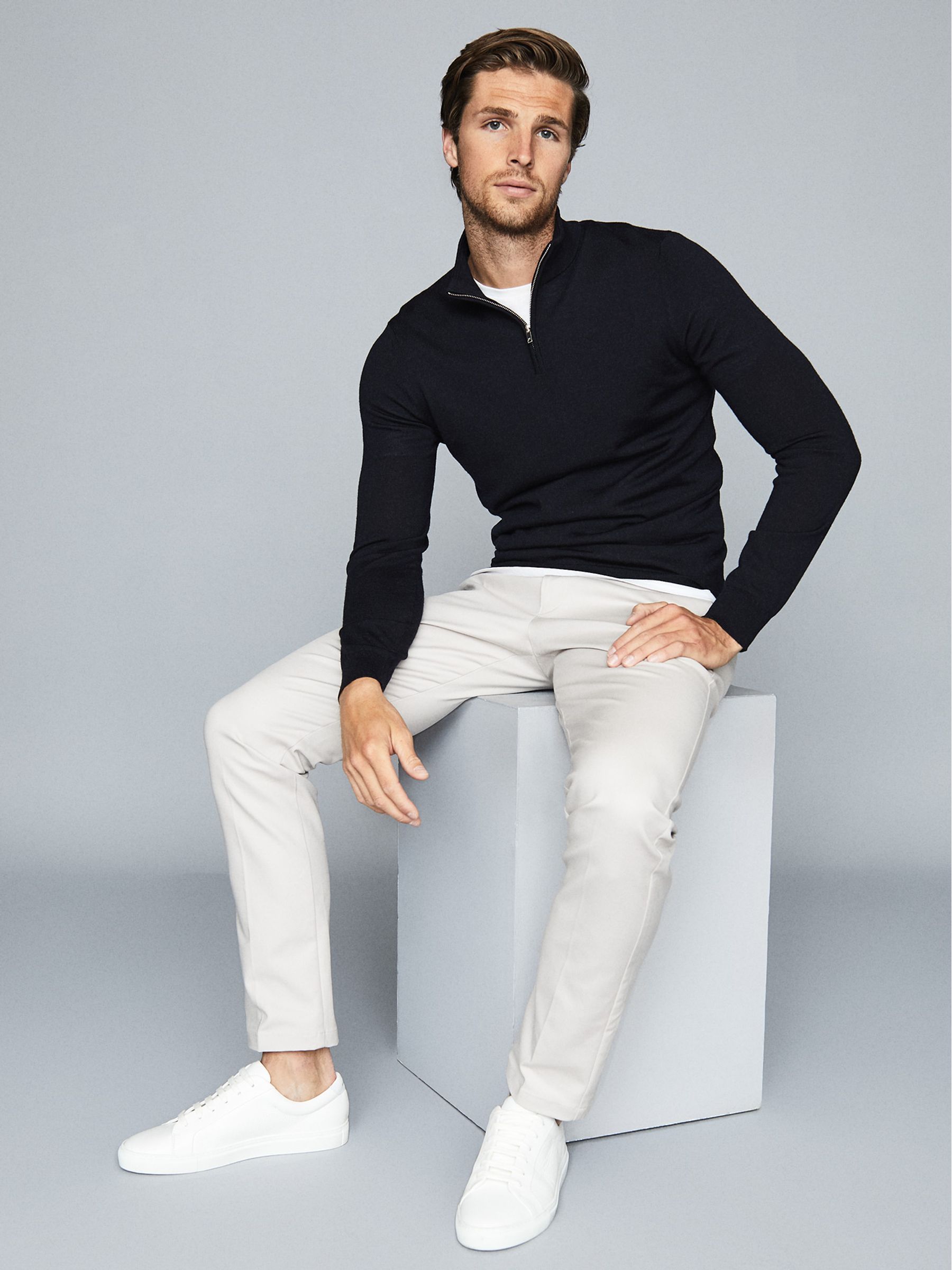 Merino Wool Half-Zip Funnel Neck Jumper in Navy - Image 1 of 1