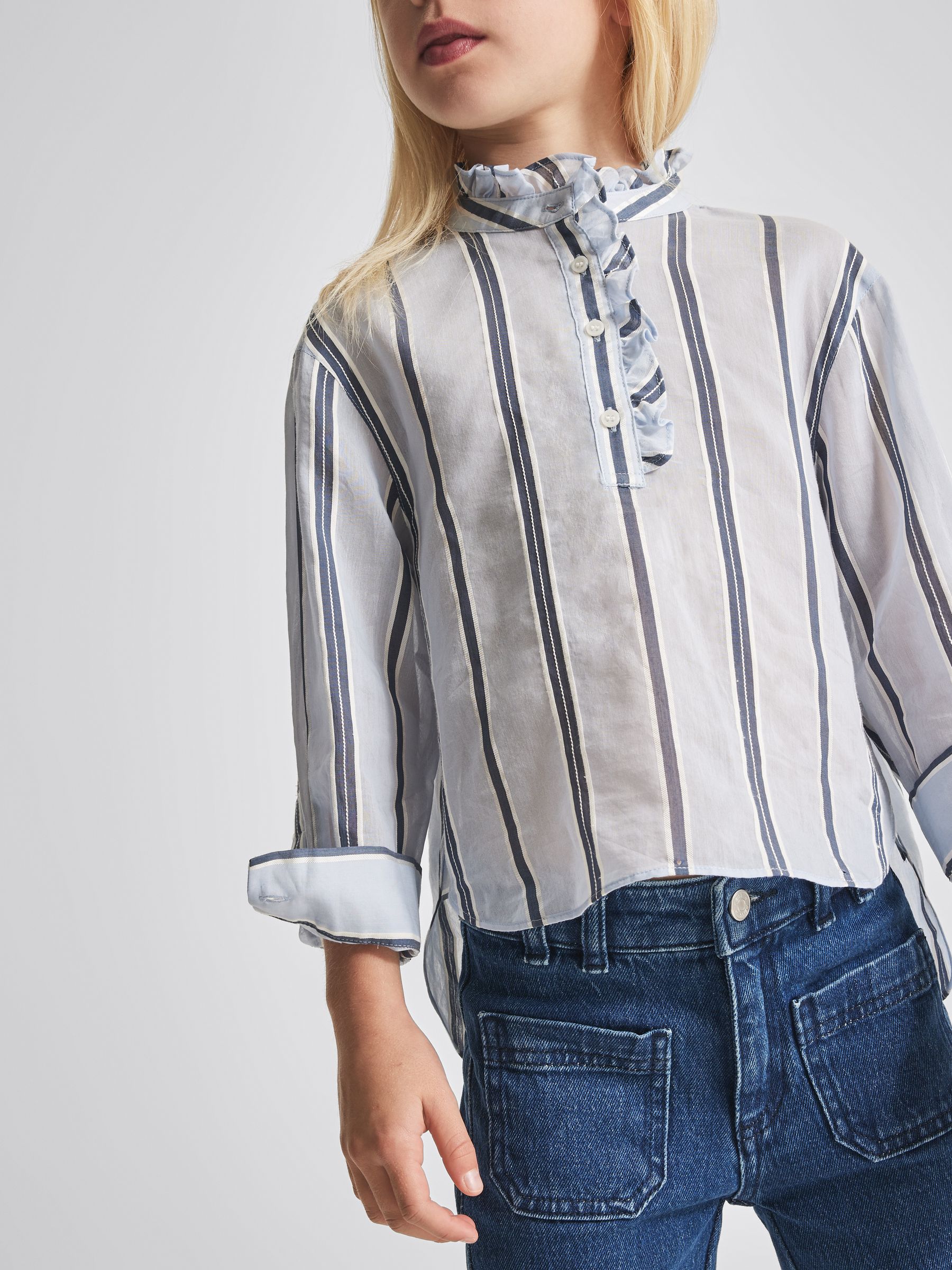 Stripe Silk Blend With Linen Blouse in Blue - Image 4 of 7