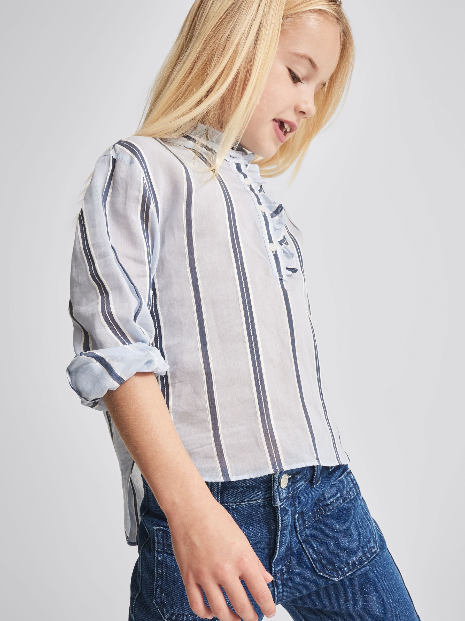 Stripe Silk Blend With Linen Blouse in Blue - Image 7 of 7