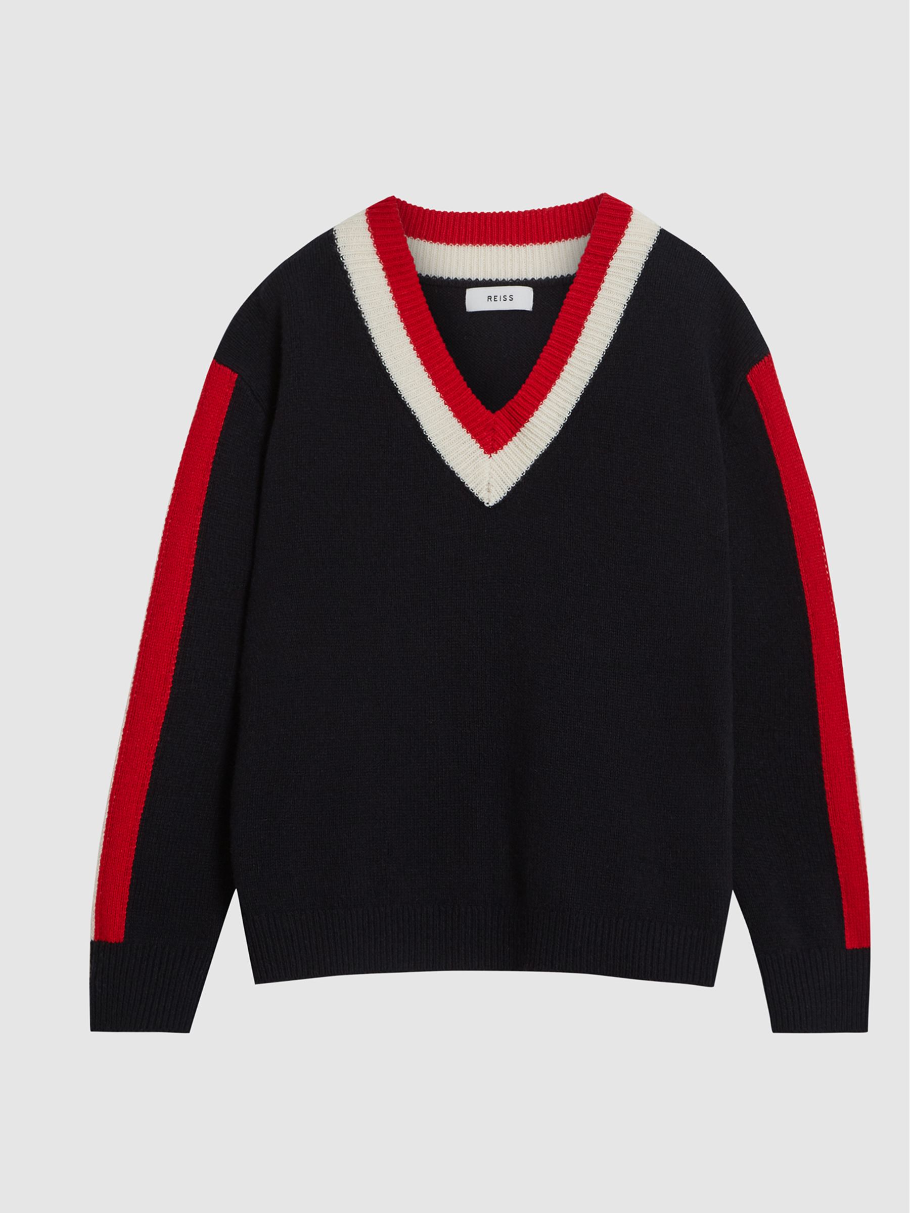 Stripe Trim V Neck Jumper in Navy - Image 2 of 6