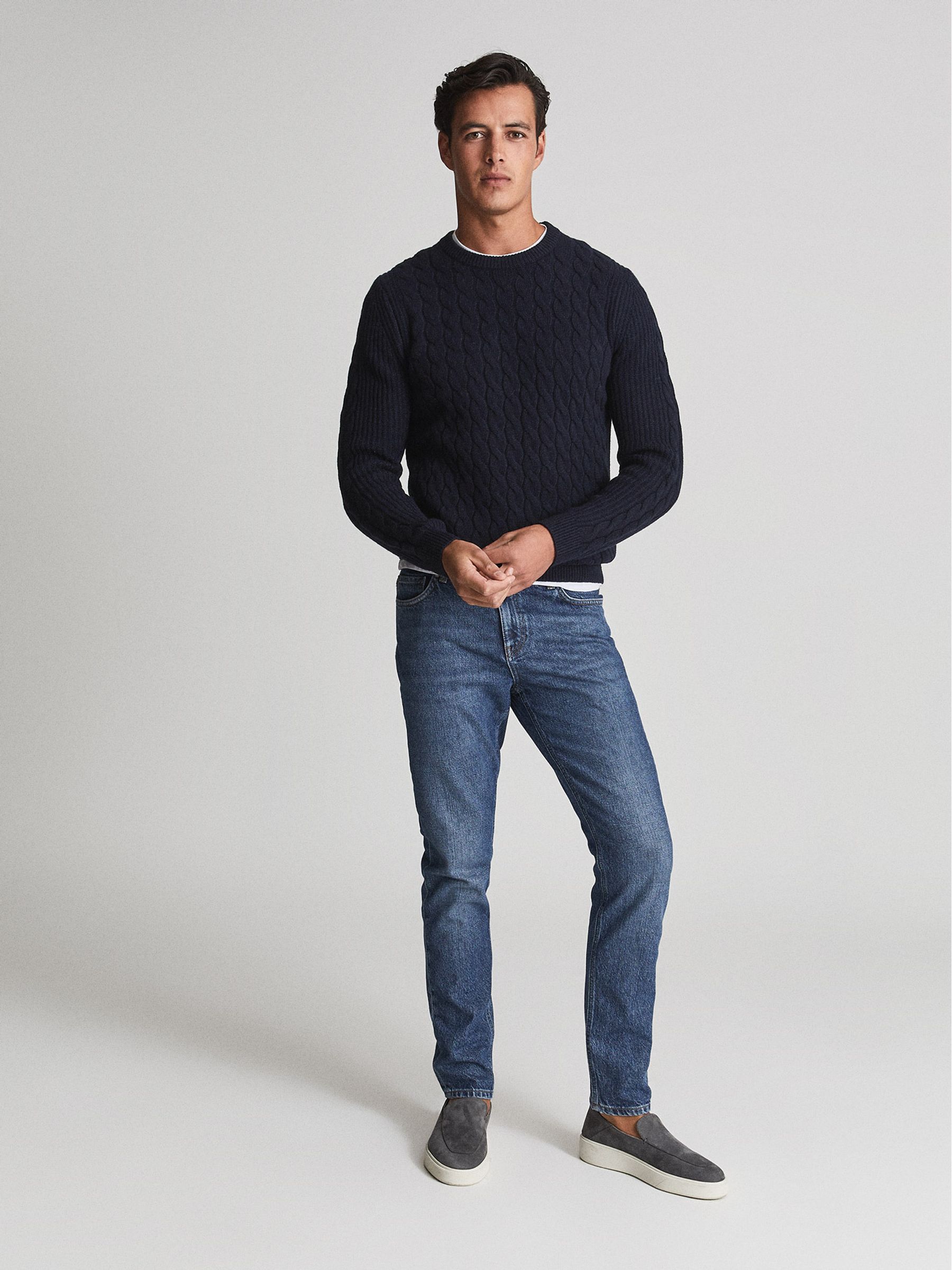 Crew Neck Cable-knit Sweater in Navy - Image 1 of 5