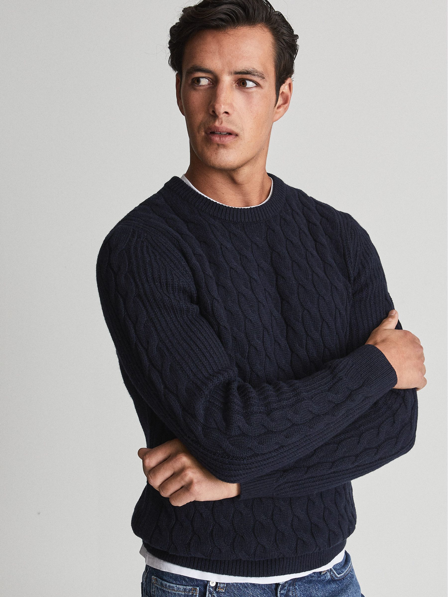 Crew Neck Cable-knit Sweater in Navy - Image 4 of 5