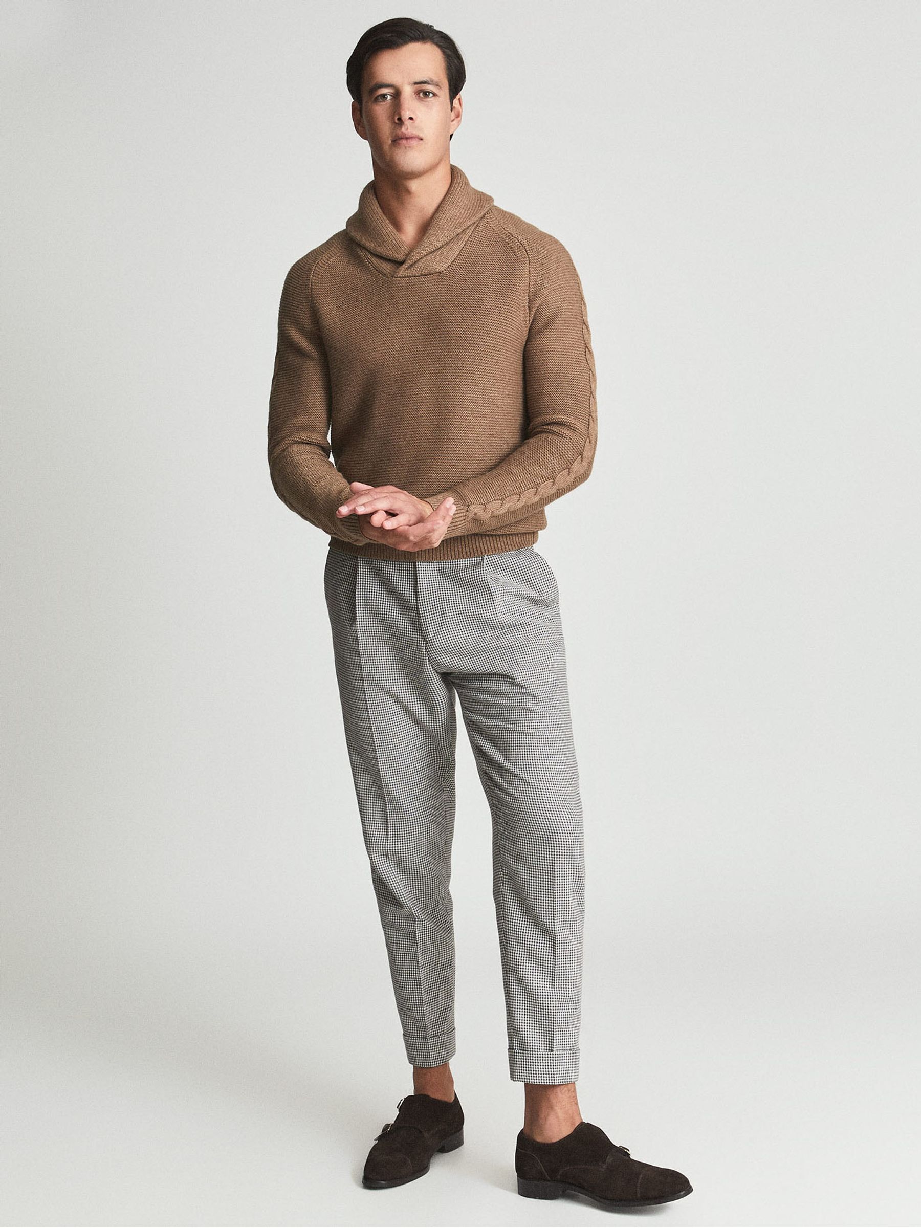 Shawl Collar Cable Knit Jumper in Camel - Image 1 of 4