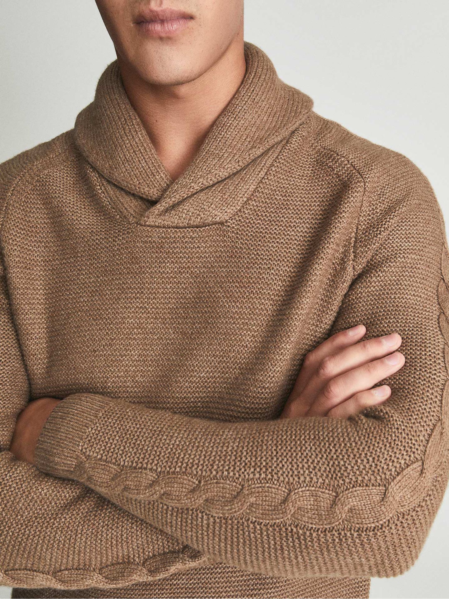 Shawl Collar Cable Knit Jumper in Camel - Image 3 of 4