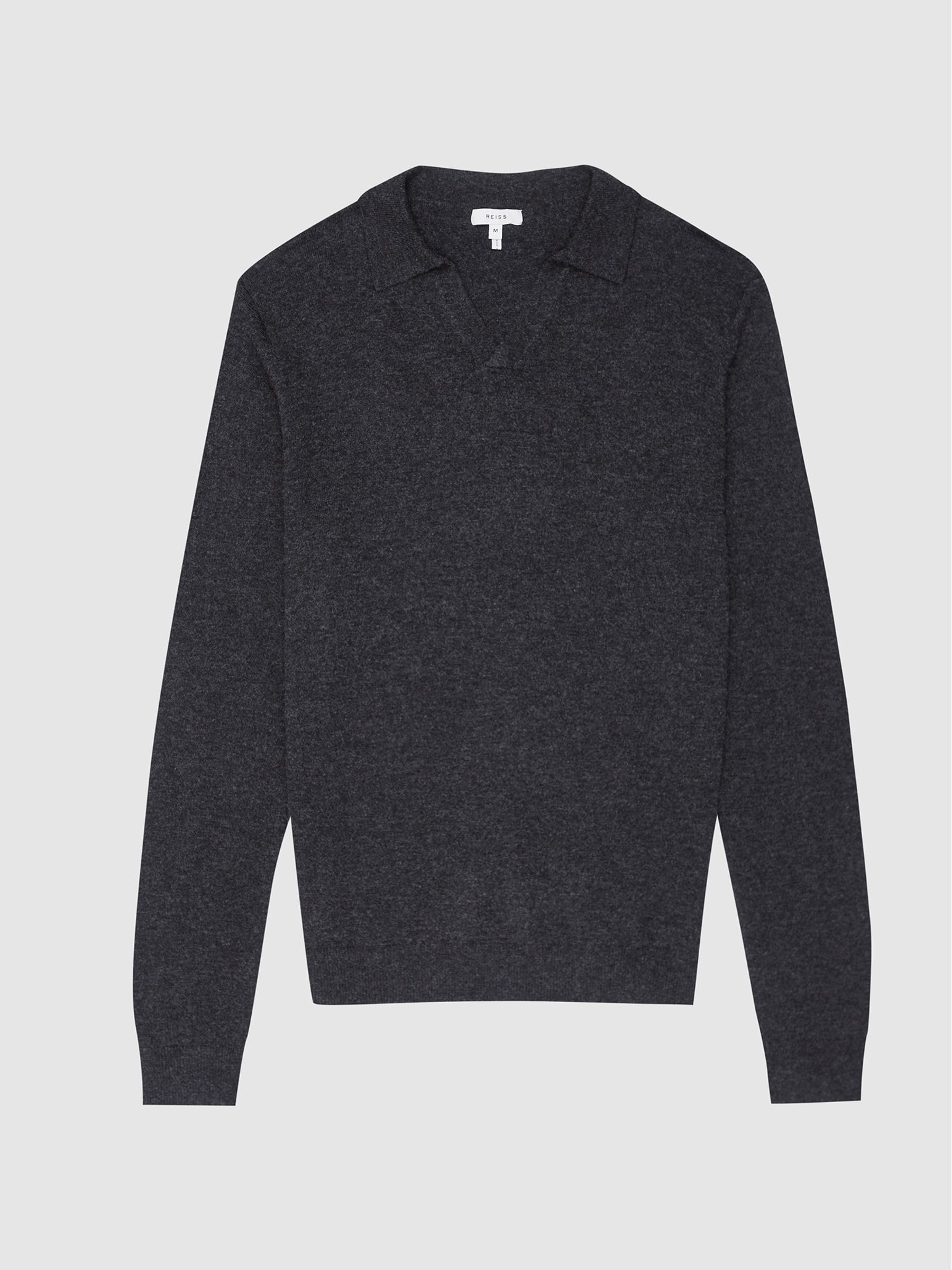 Cashmere Blend Open Collar Polo Shirt in Charcoal Melange - Image 2 of 5